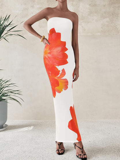 Floral Mesh Strapless Bodycon Maxi Dress