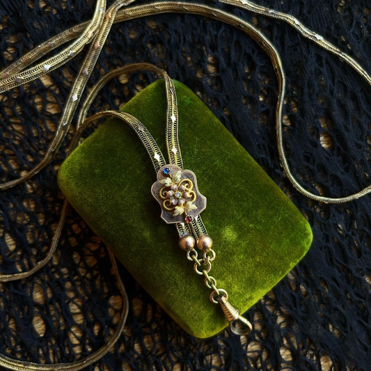 c. 1870s-1880s 14k Gold Unusual Long Guard Chain Necklace