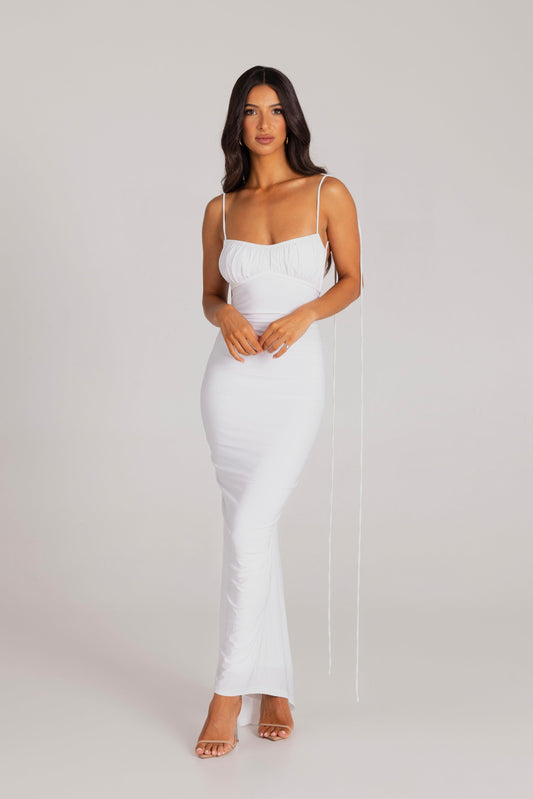 White Gathered Neckline Bodycon Mini Dress