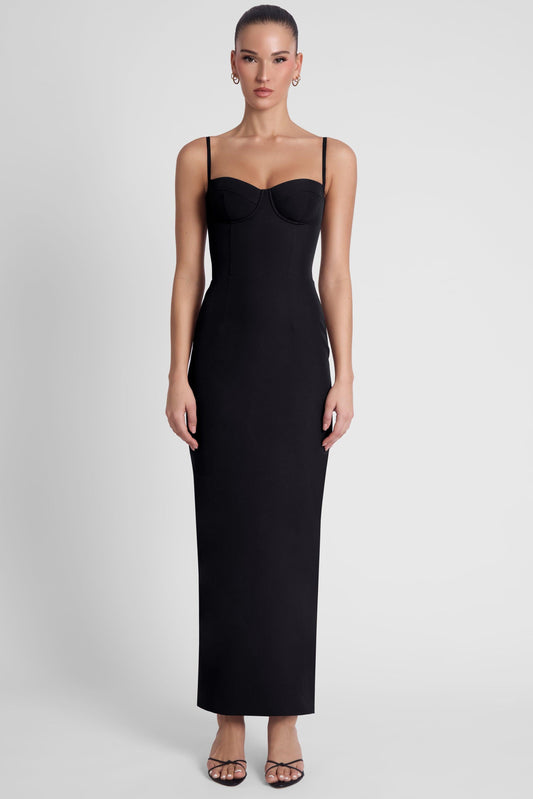 Elegant Black Midi Dress with Structured Bodice & Adjustable Straps for Special Occasions 0