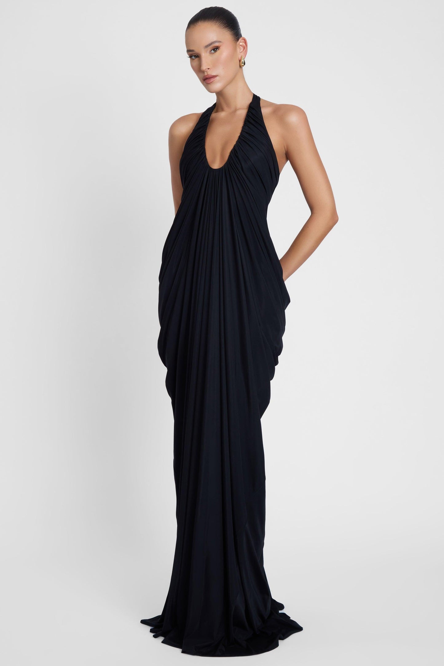 Elegant Cascade Drape Gown | Halter Maxi Dress with Sculpted Fit | Stunning Wedding Guest Dress for Timeless Elegance 4