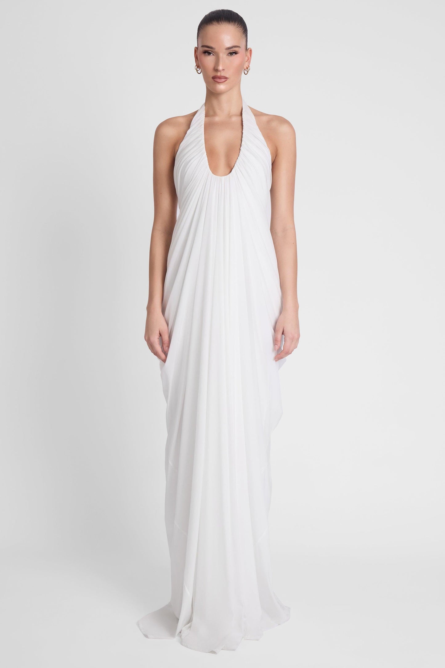 Elegant Cascade | White Maxi Dress with Sculpted Fit & Plunging Neckline | Timeless Long Dress for Unforgettable Occasions 0