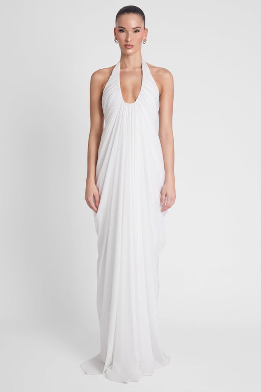 Elegant Cascade | White Maxi Dress with Sculpted Fit & Plunging Neckline | Timeless Long Dress for Unforgettable Occasions 0