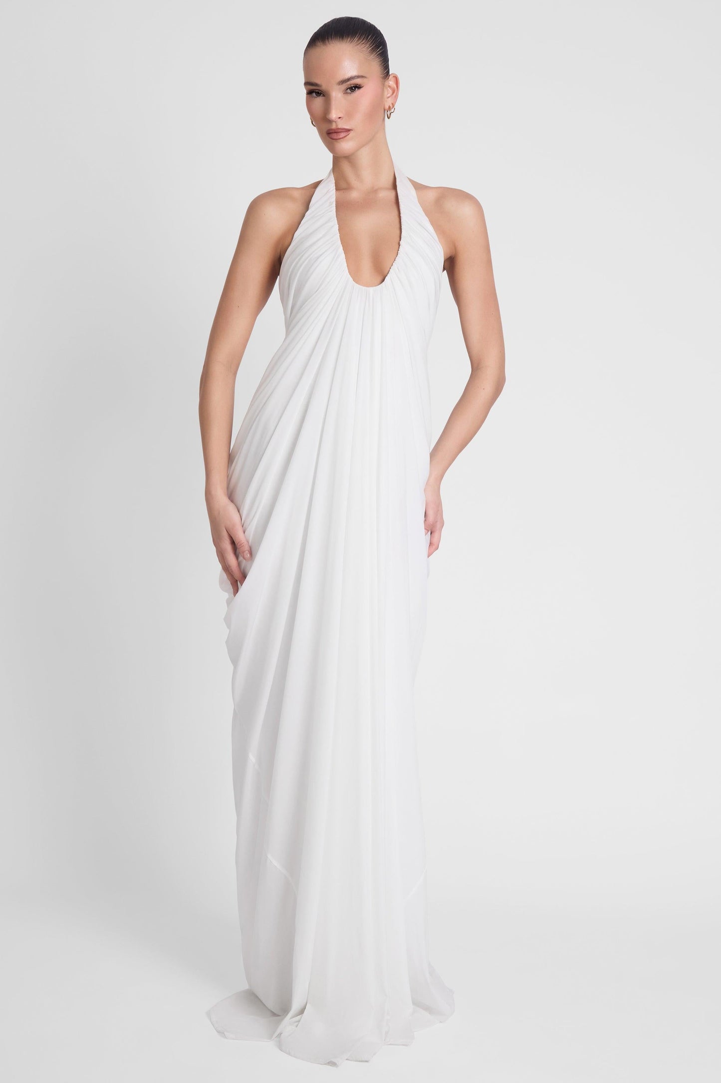 Elegant Cascade | White Maxi Dress with Sculpted Fit & Plunging Neckline | Timeless Long Dress for Unforgettable Occasions 1