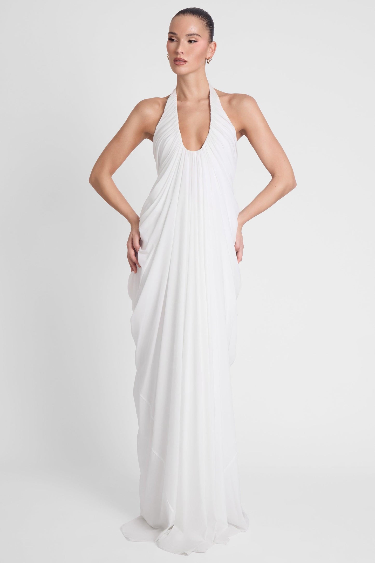 Elegant Cascade | White Maxi Dress with Sculpted Fit & Plunging Neckline | Timeless Long Dress for Unforgettable Occasions 2