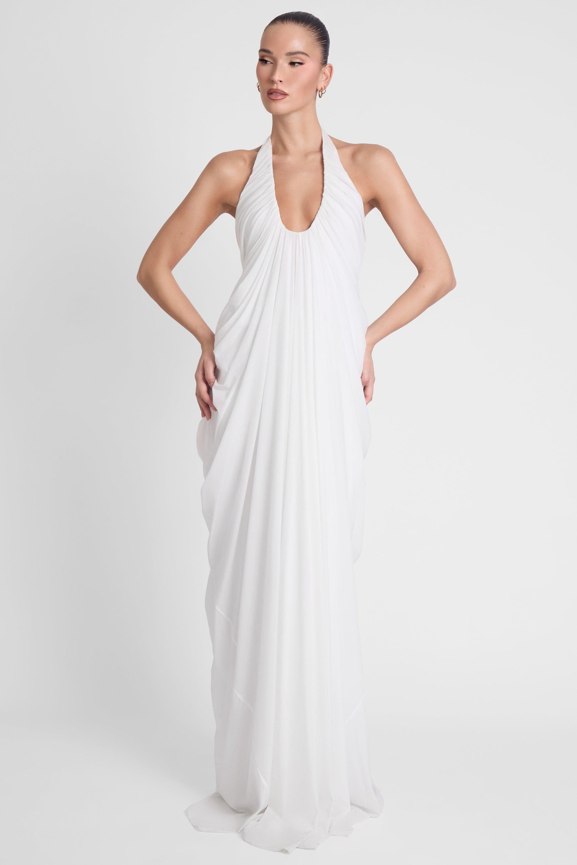 Elegant Cascade | White Maxi Dress with Sculpted Fit & Plunging Neckline | Timeless Long Dress for Unforgettable Occasions 2