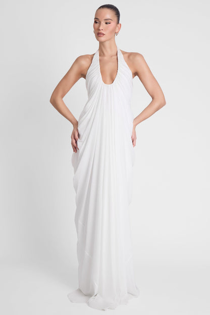 Elegant Cascade | White Maxi Dress with Sculpted Fit & Plunging Neckline | Timeless Long Dress for Unforgettable Occasions 2