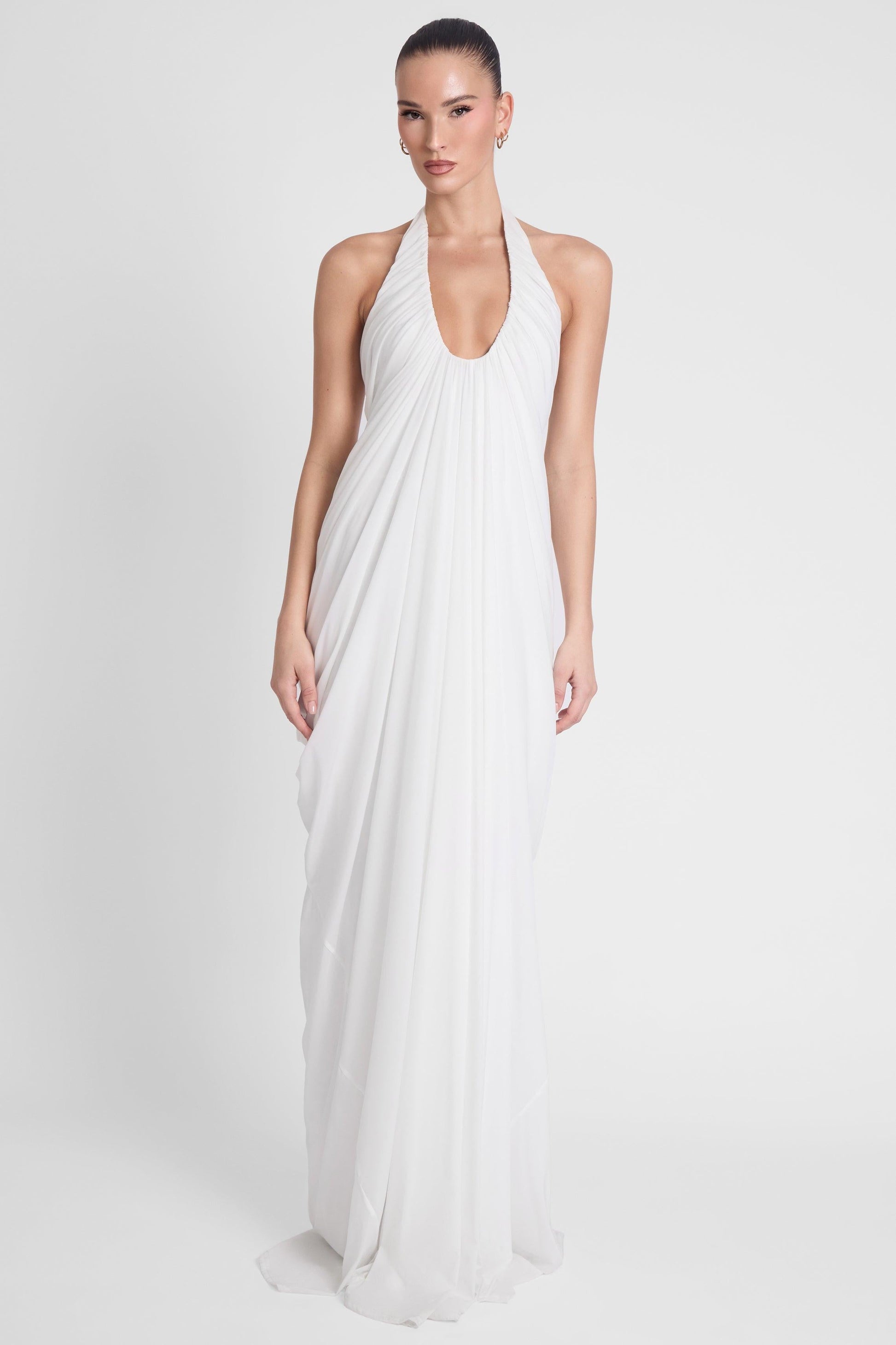Elegant Cascade | White Maxi Dress with Sculpted Fit & Plunging Neckline | Timeless Long Dress for Unforgettable Occasions 3