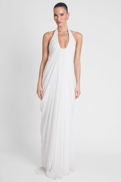 Elegant Cascade | White Maxi Dress with Sculpted Fit & Plunging Neckline | Timeless Long Dress for Unforgettable Occasions 3