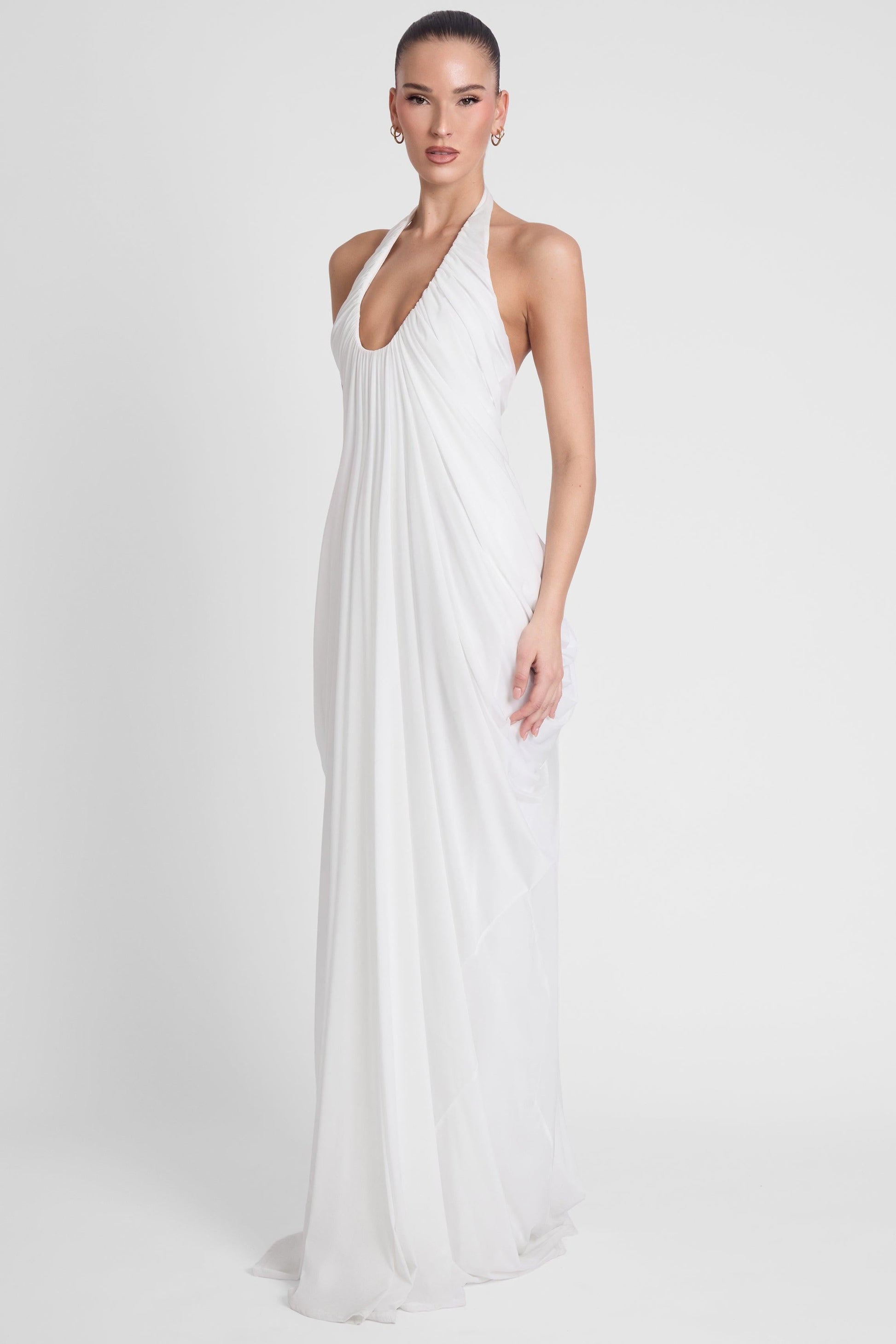 Elegant Cascade | White Maxi Dress with Sculpted Fit & Plunging Neckline | Timeless Long Dress for Unforgettable Occasions 4