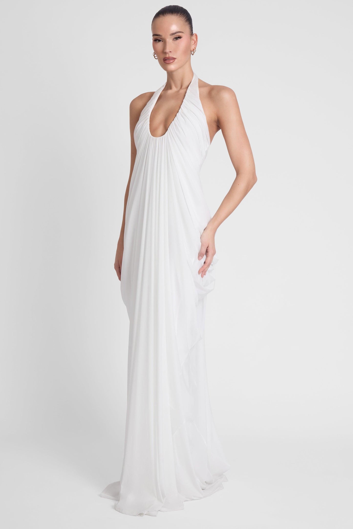 Elegant Cascade | White Maxi Dress with Sculpted Fit & Plunging Neckline | Timeless Long Dress for Unforgettable Occasions 5