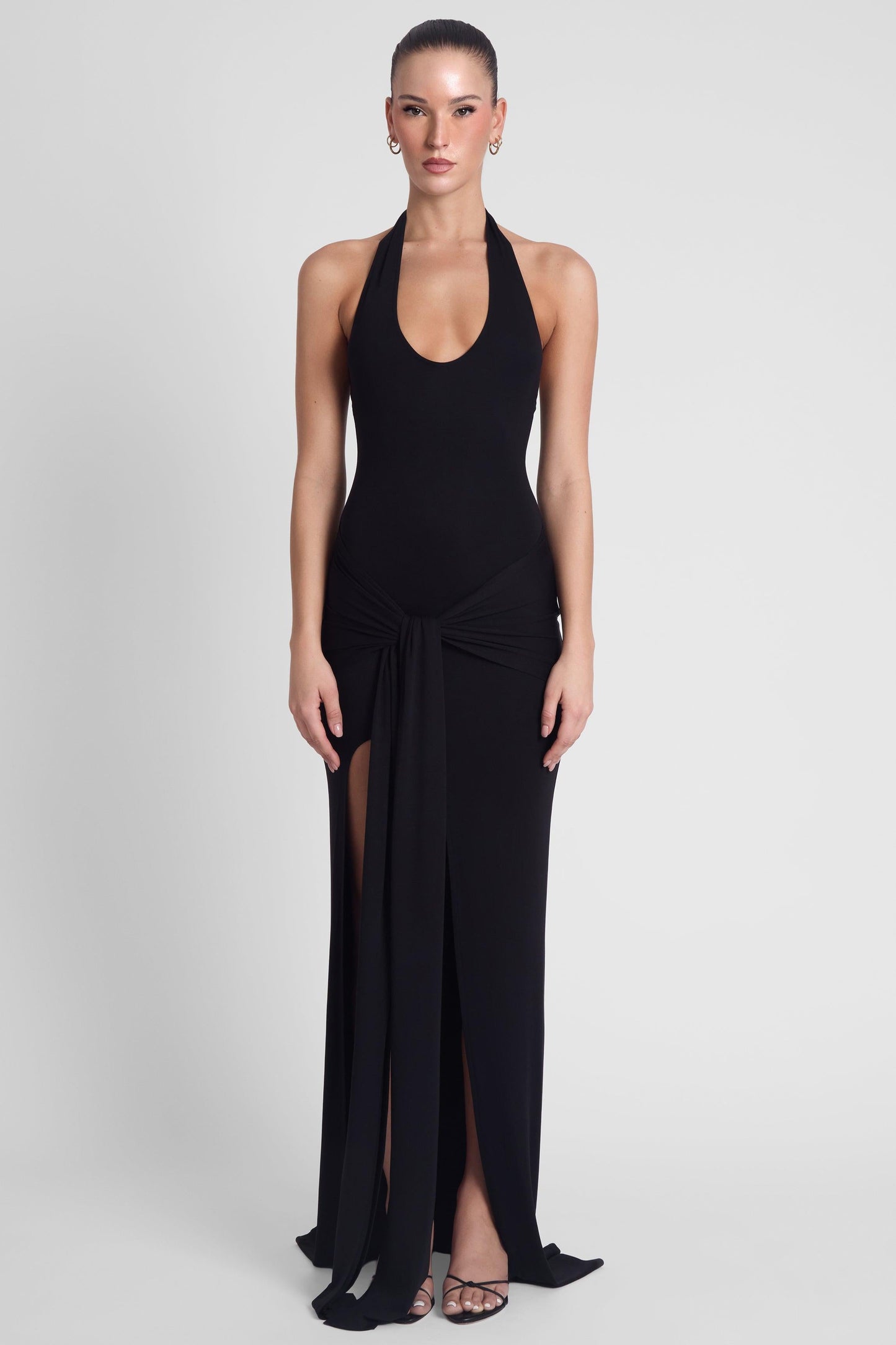 Elegant Collection | Black Maxi Dress with Halter Neck & Sarong Overlay | Flattering Style for Effortless Elegance 0