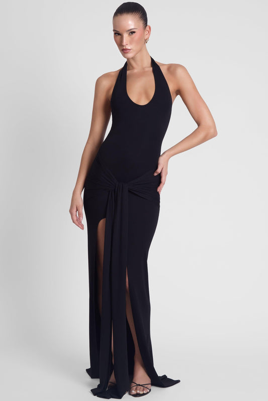 Elegant Collection | Black Maxi Dress with Halter Neck & Sarong Overlay | Flattering Style for Effortless Elegance 1