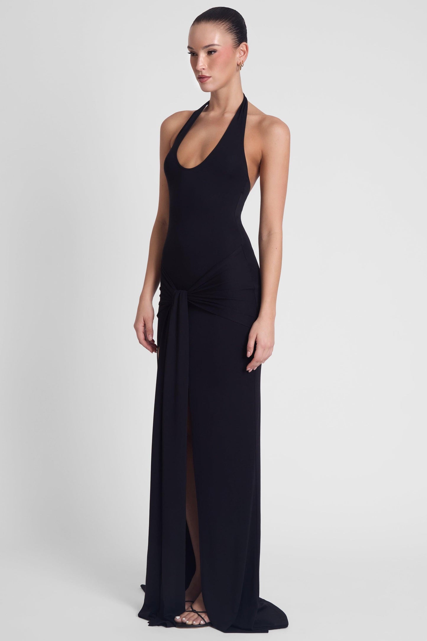 Elegant Collection | Black Maxi Dress with Halter Neck & Sarong Overlay | Flattering Style for Effortless Elegance 4