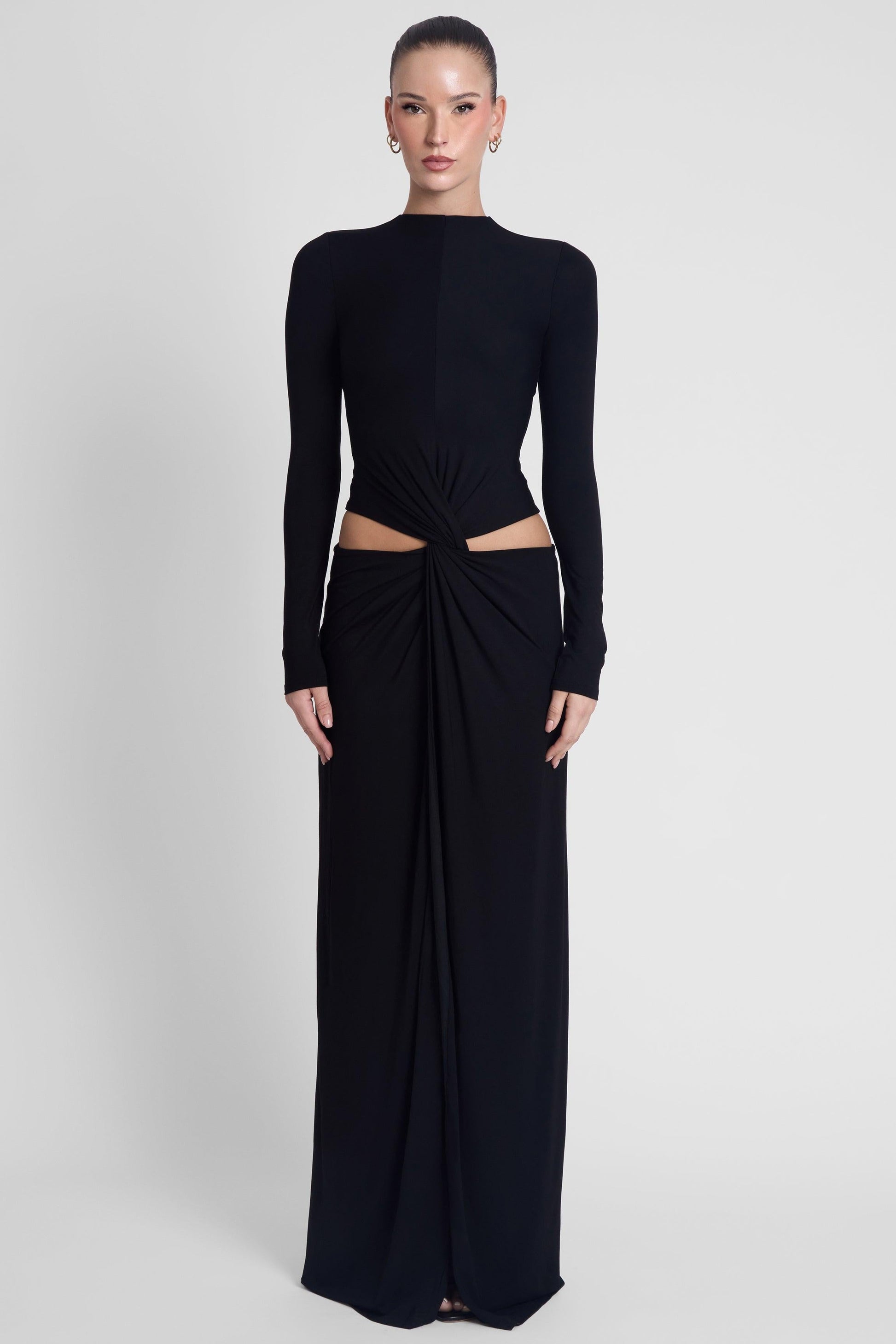 Elegant Collection | Black Maxi Dress with Long Sleeves & Front Slit | Timeless Style for Special Occasions 0