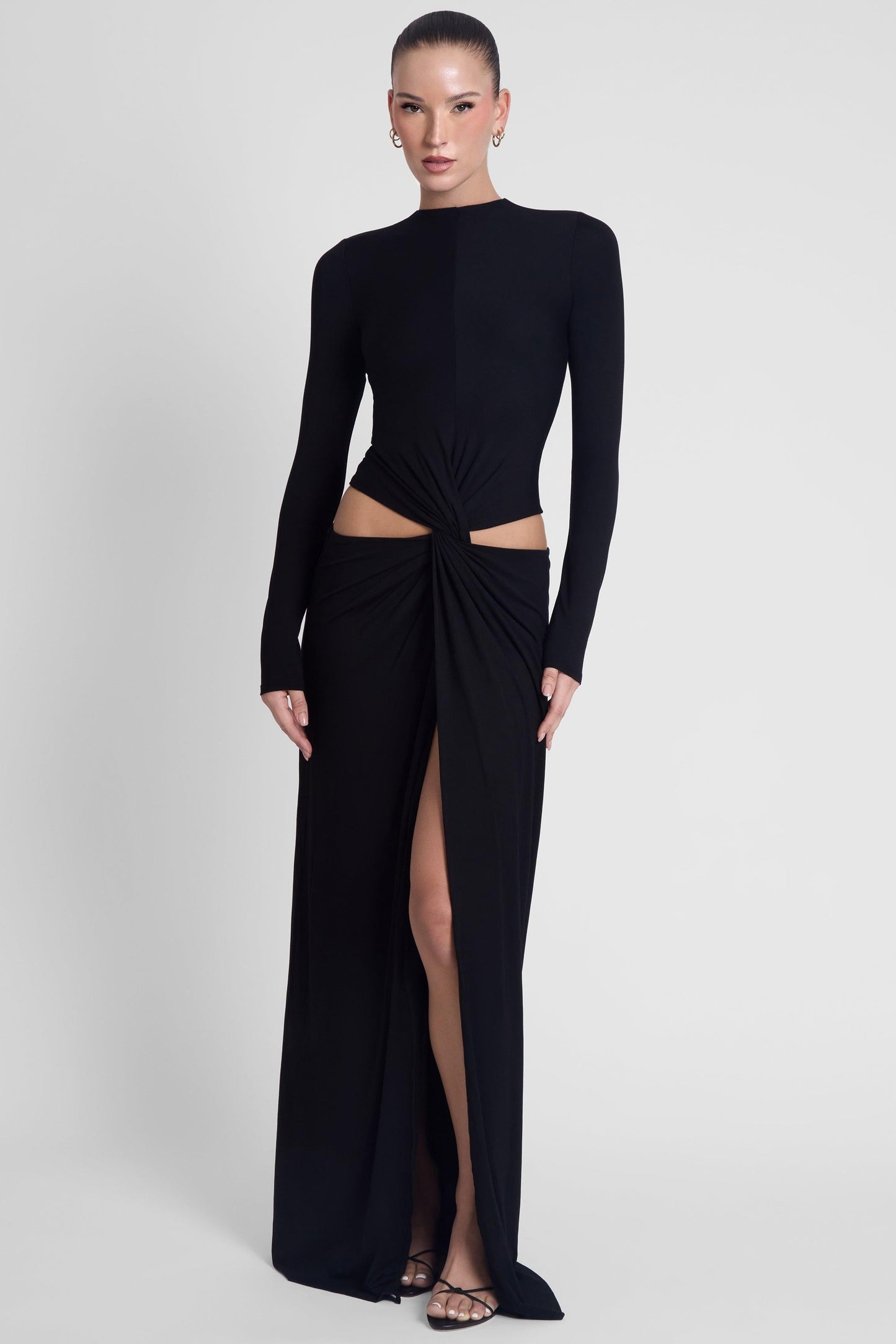 Elegant Collection | Black Maxi Dress with Long Sleeves & Front Slit | Timeless Style for Special Occasions 1