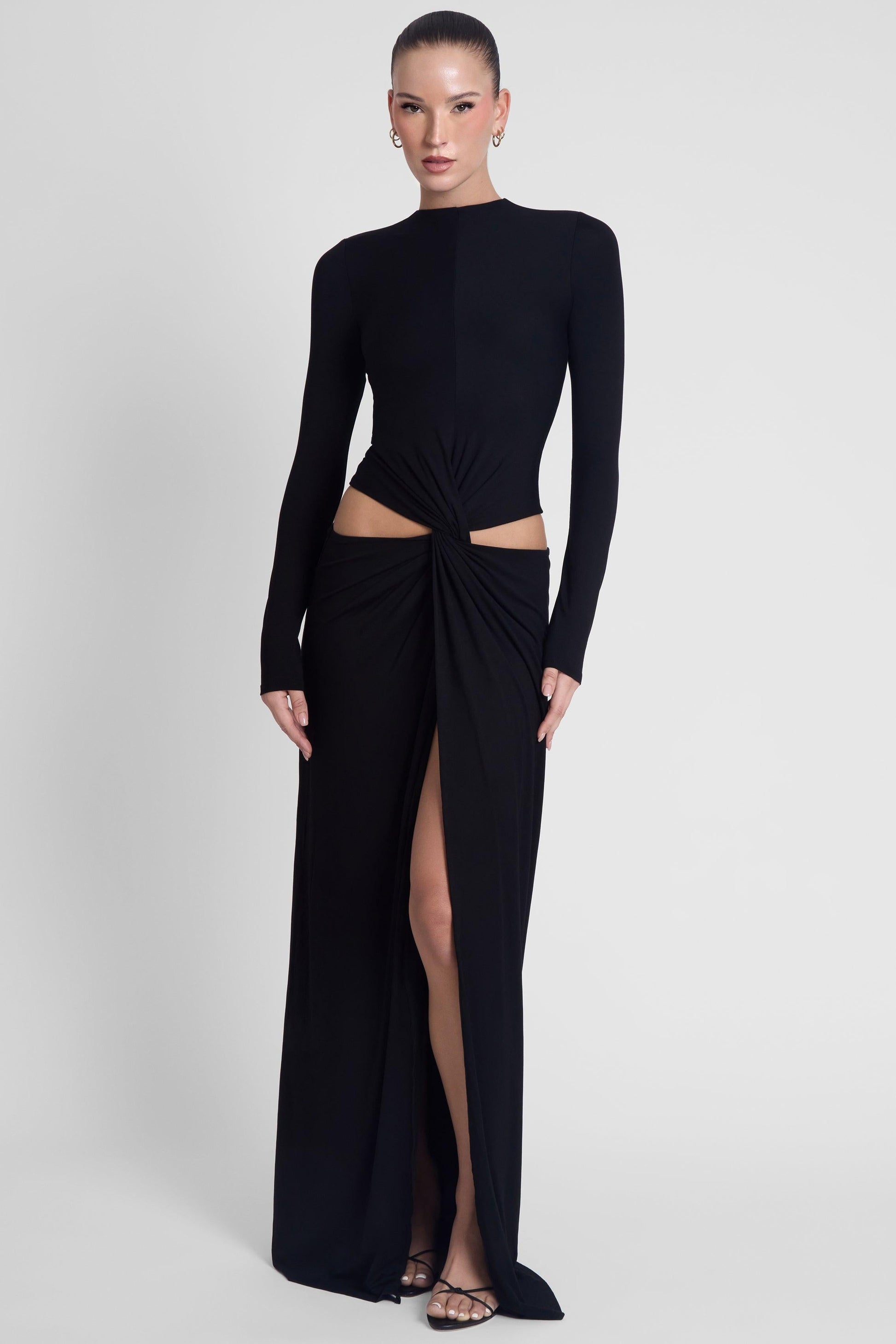 Elegant Collection | Black Maxi Dress with Long Sleeves & Front Slit | Timeless Style for Special Occasions 1