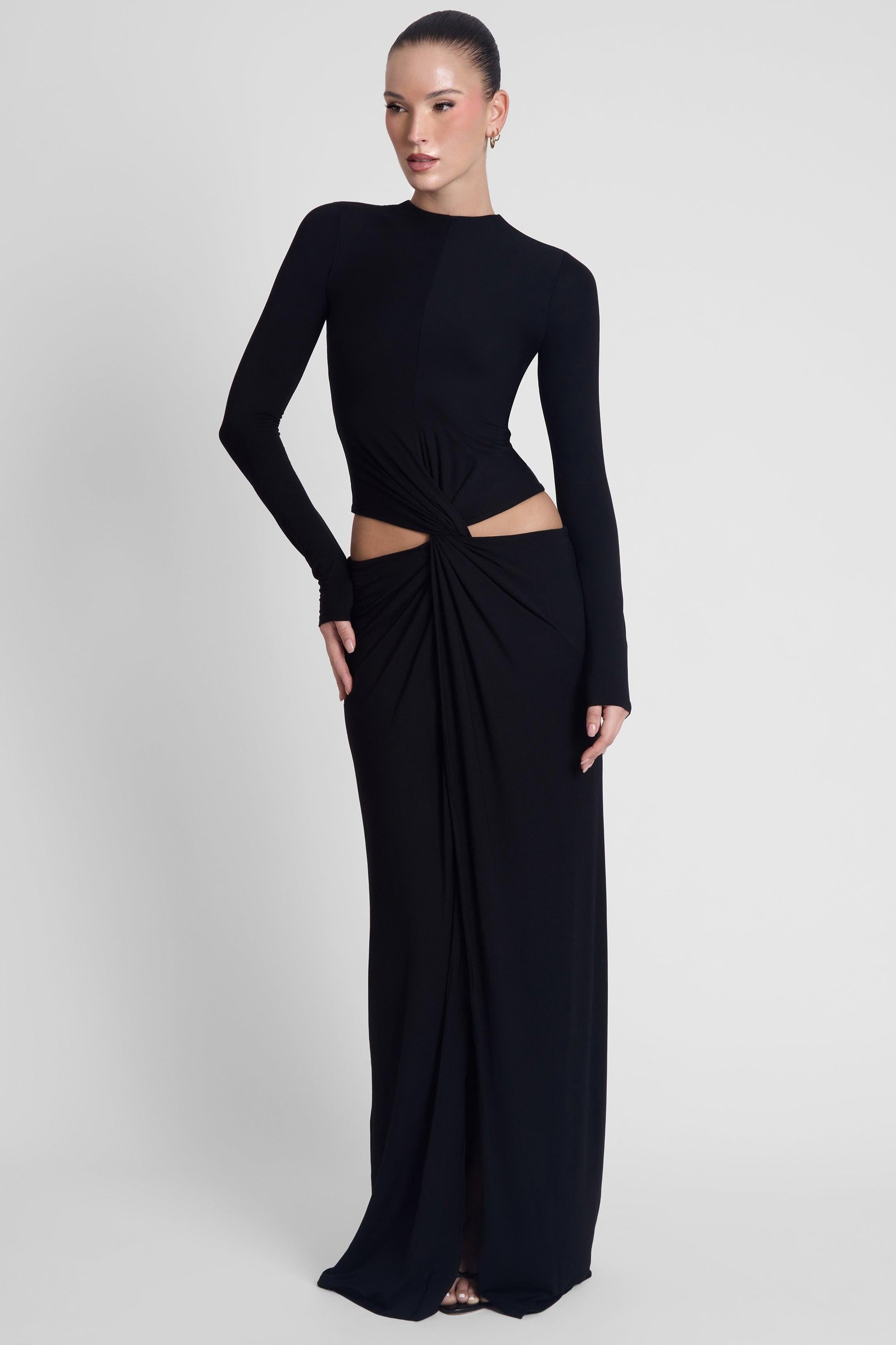 Elegant Collection | Black Maxi Dress with Long Sleeves & Front Slit | Timeless Style for Special Occasions 2