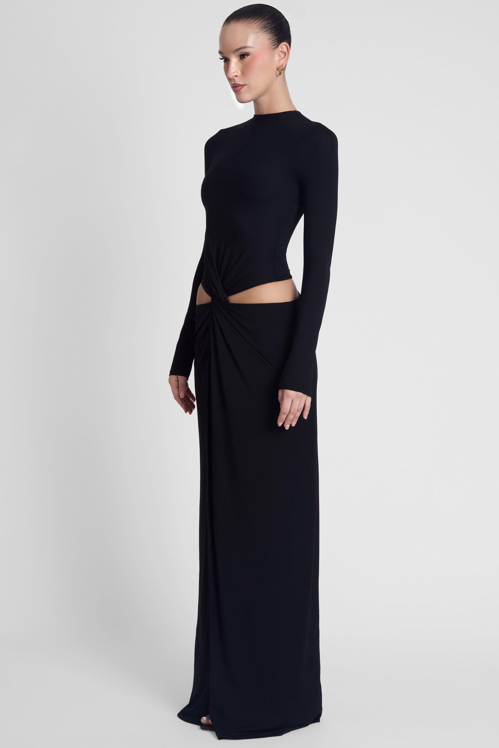 Elegant Collection | Black Maxi Dress with Long Sleeves & Front Slit | Timeless Style for Special Occasions 3