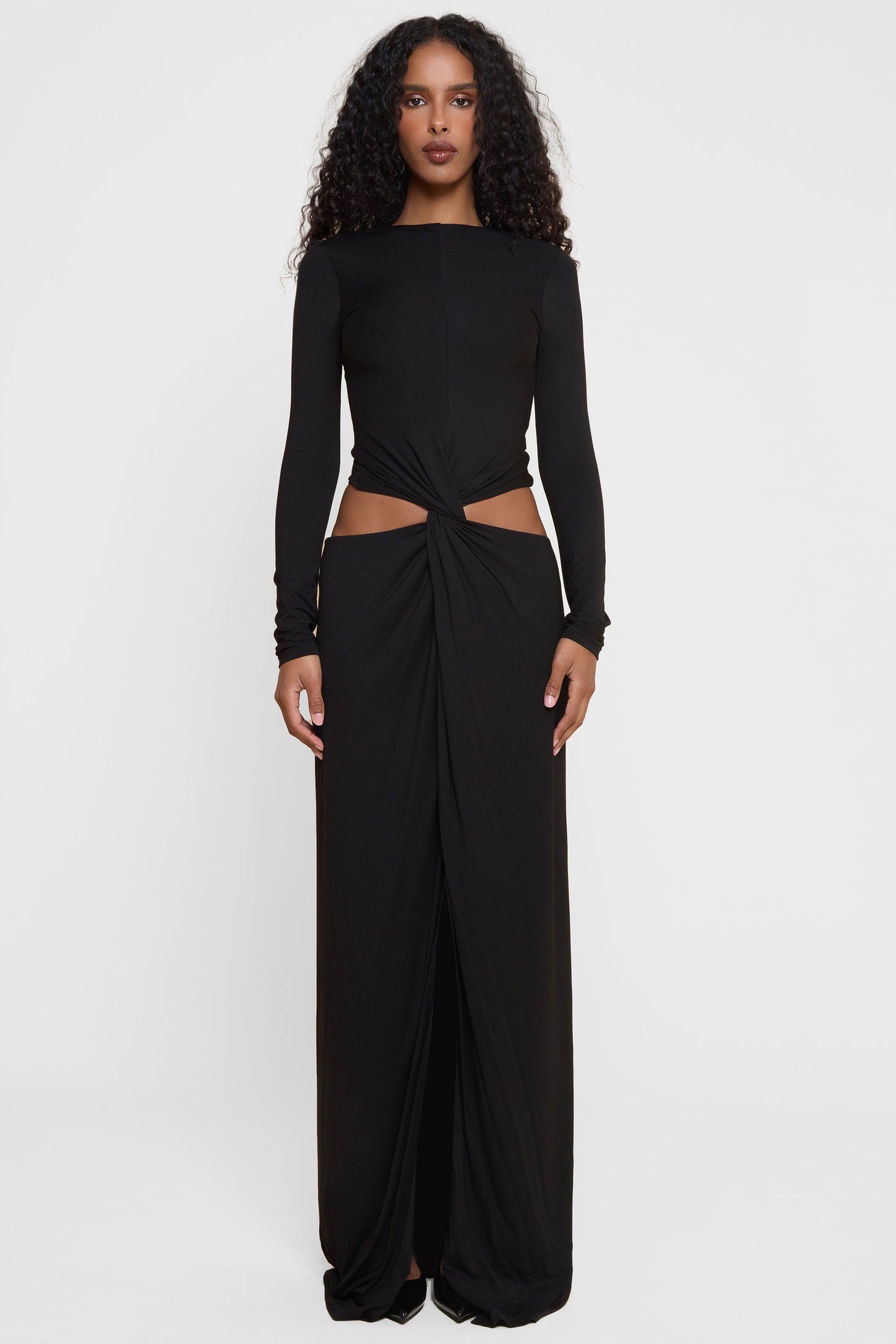 Elegant Collection | Black Maxi Dress with Long Sleeves & Front Slit | Timeless Style for Special Occasions 7