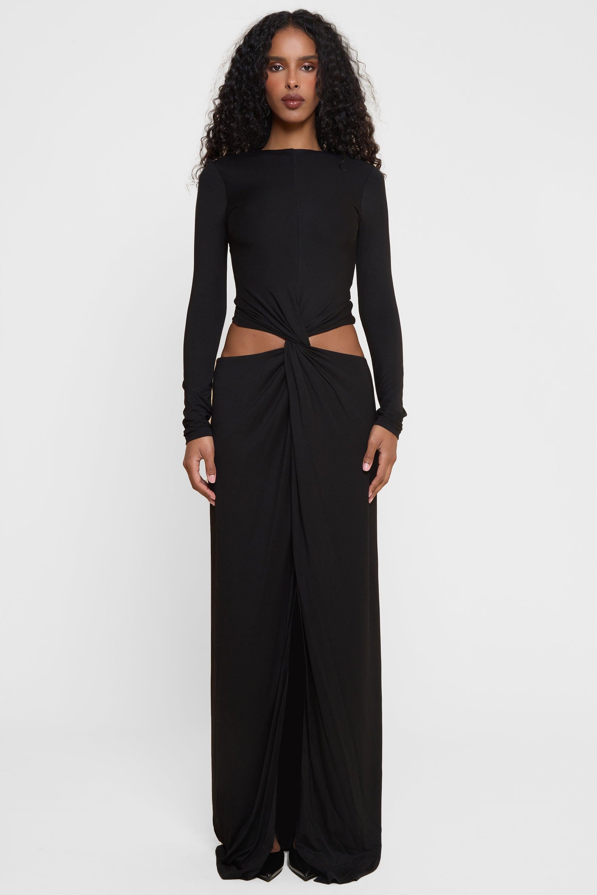 Elegant Collection | Black Maxi Dress with Long Sleeves & Front Slit | Timeless Style for Special Occasions 7