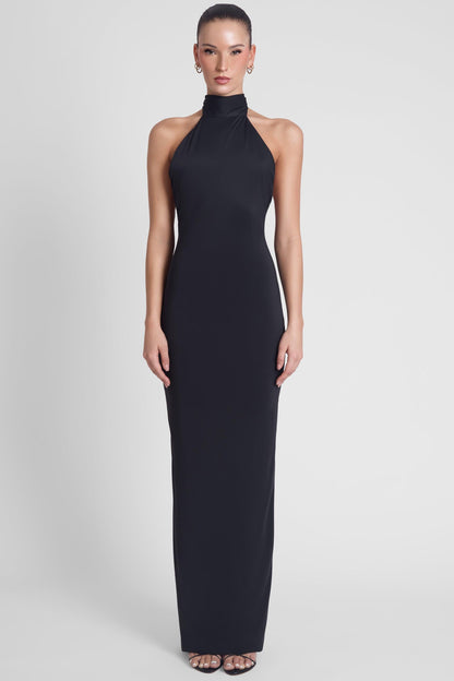 Elegant Collection | Black Maxi Dress with Open Back & Draped Scarf Detail | Flattering Fit for Effortless Style 0