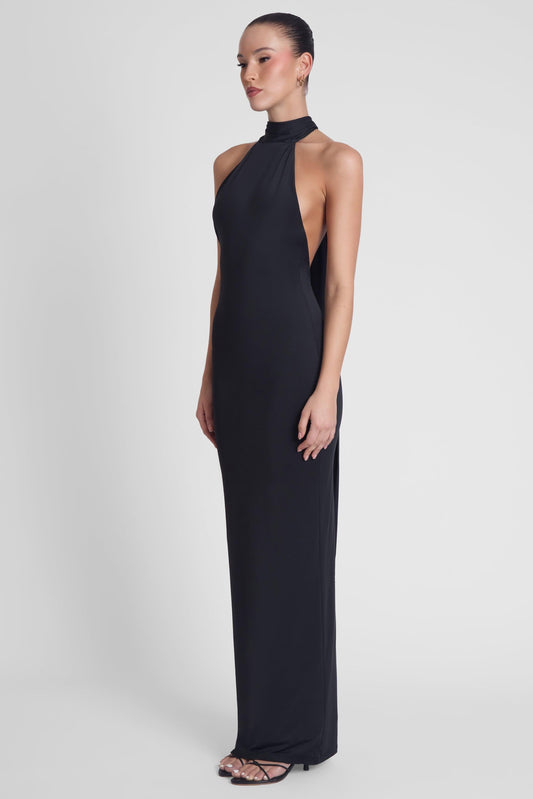 Elegant Collection | Black Maxi Dress with Open Back & Draped Scarf Detail | Flattering Fit for Effortless Style 1