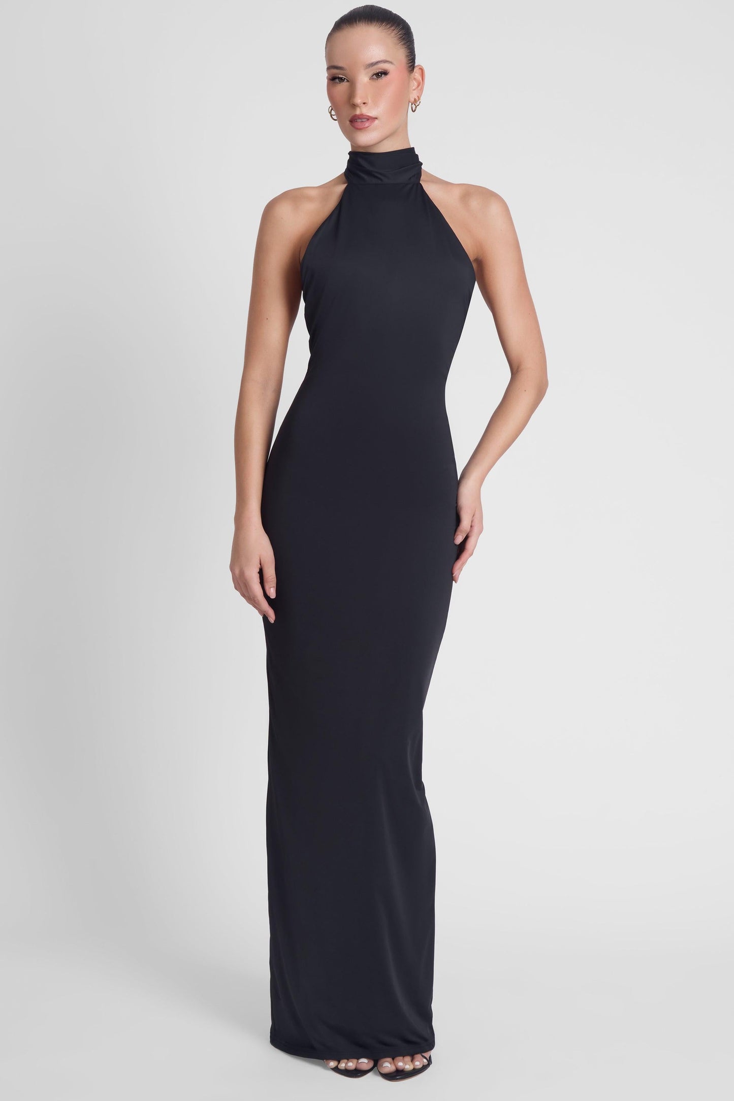 Elegant Collection | Black Maxi Dress with Open Back & Draped Scarf Detail | Flattering Fit for Effortless Style 2