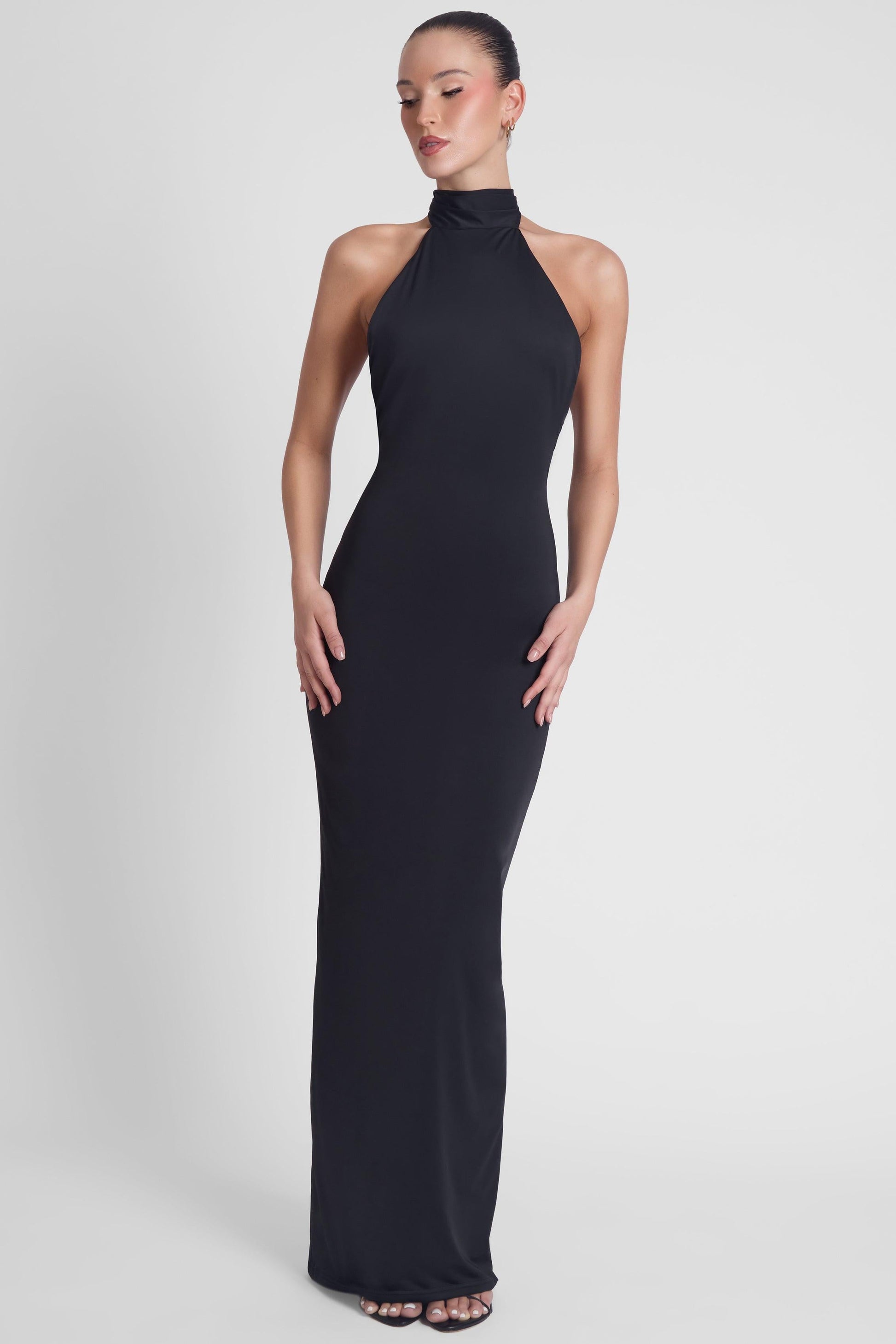 Elegant Collection | Black Maxi Dress with Open Back & Draped Scarf Detail | Flattering Fit for Effortless Style 3