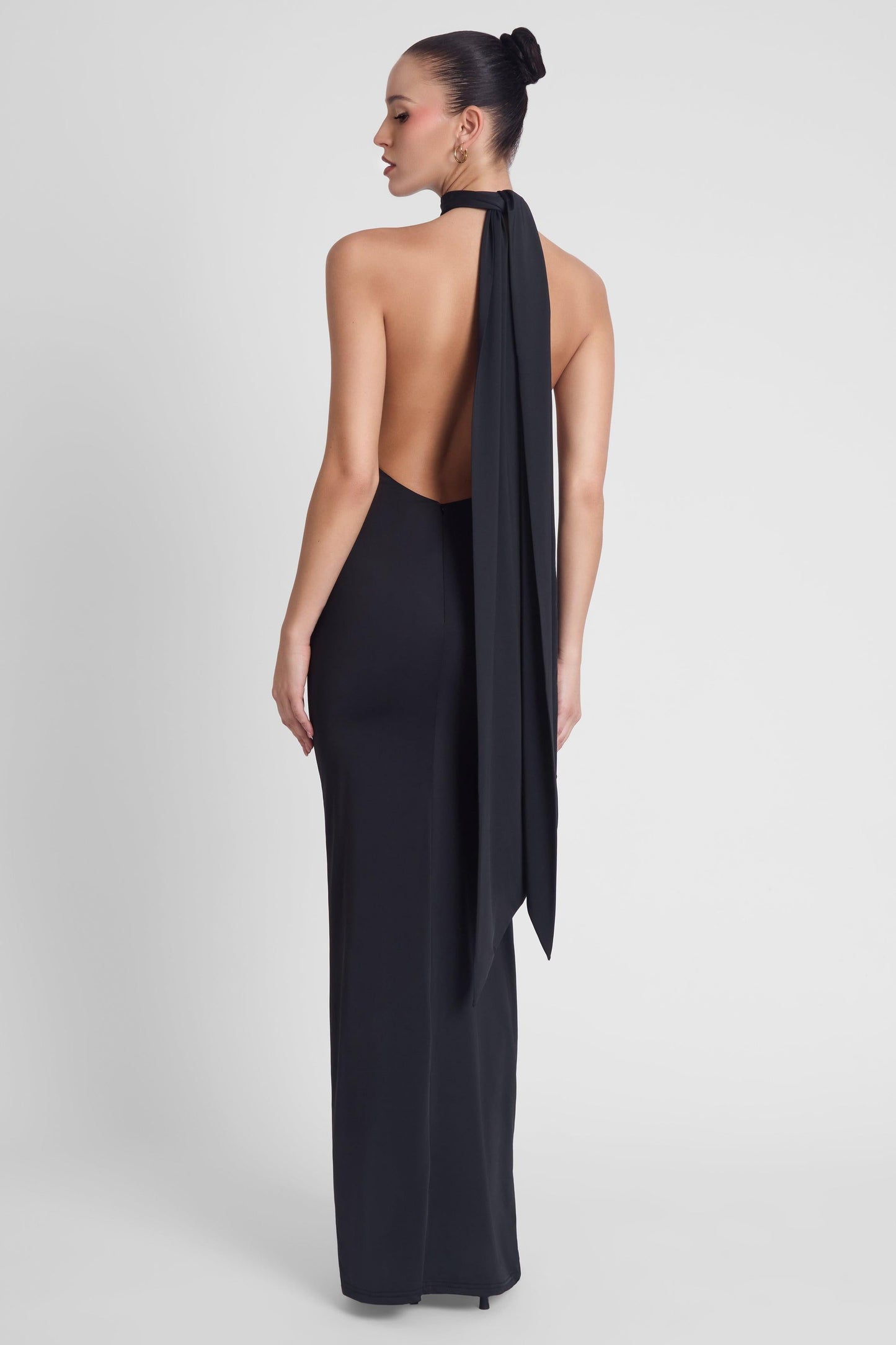 Elegant Collection | Black Maxi Dress with Open Back & Draped Scarf Detail | Flattering Fit for Effortless Style 5