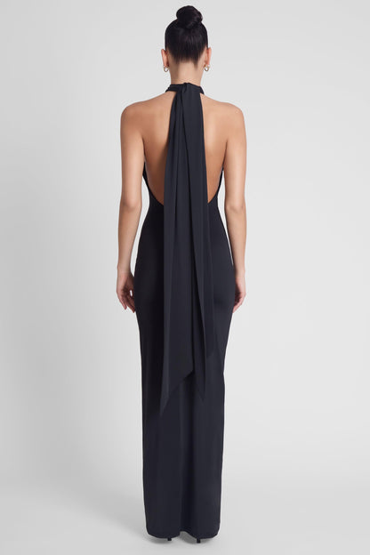 Elegant Collection | Black Maxi Dress with Open Back & Draped Scarf Detail | Flattering Fit for Effortless Style 6