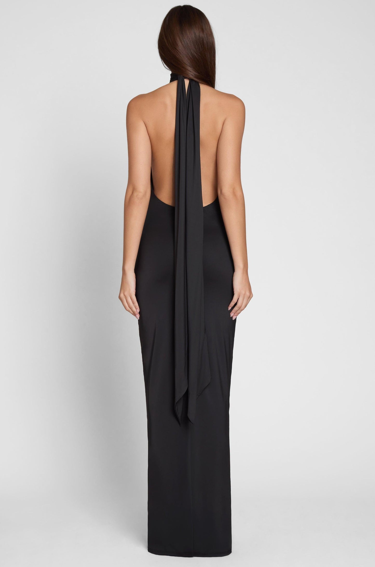 Elegant Collection | Black Maxi Dress with Open Back & Draped Scarf Detail | Flattering Fit for Effortless Style 7
