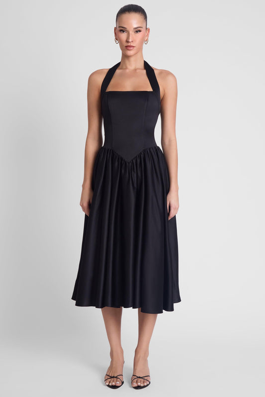 Elegant Collection | Black Midi Dress with Halter Corset Design | Flared Hemline for Timeless Elegance 0