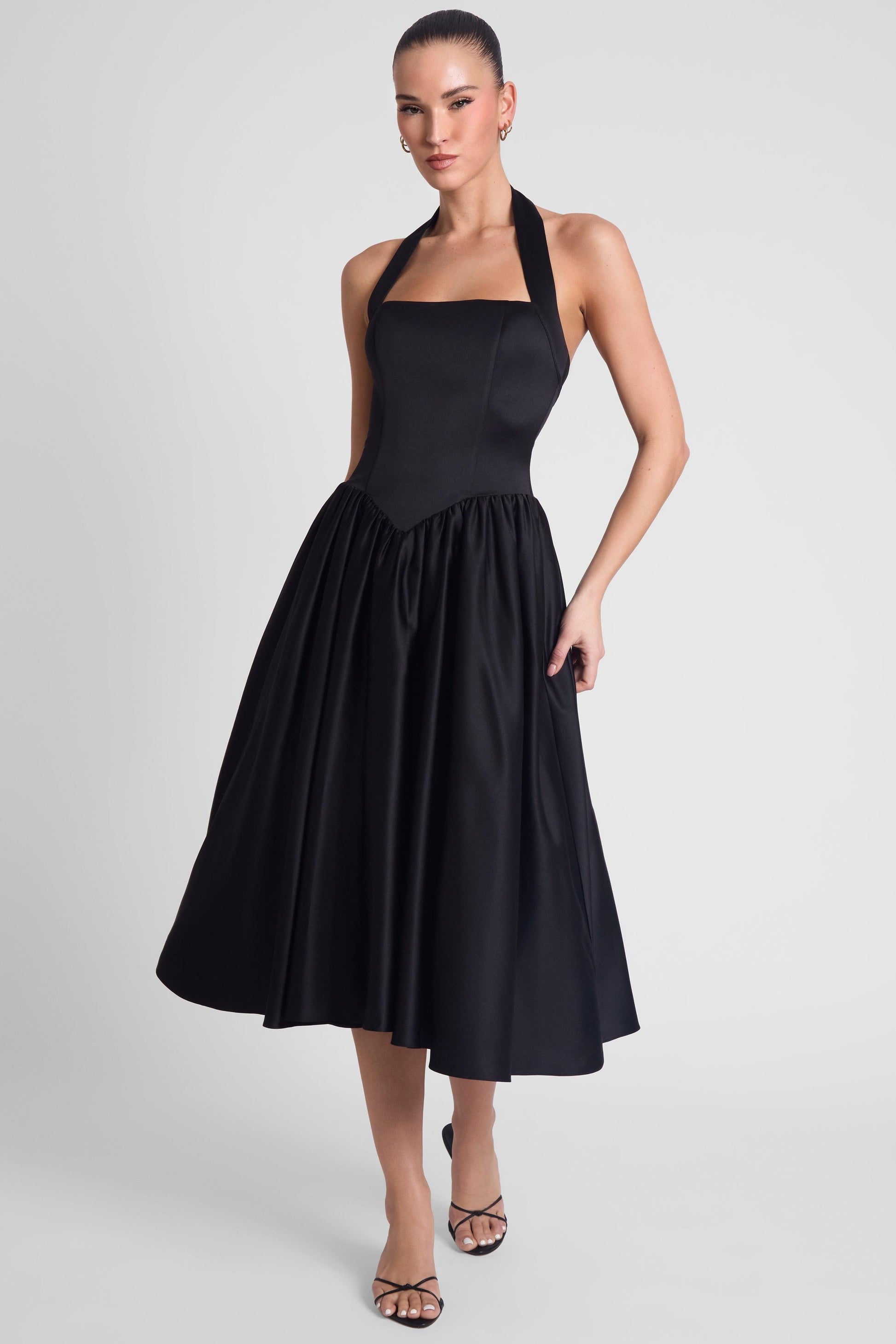 Elegant Collection | Black Midi Dress with Halter Corset Design | Flared Hemline for Timeless Elegance 1