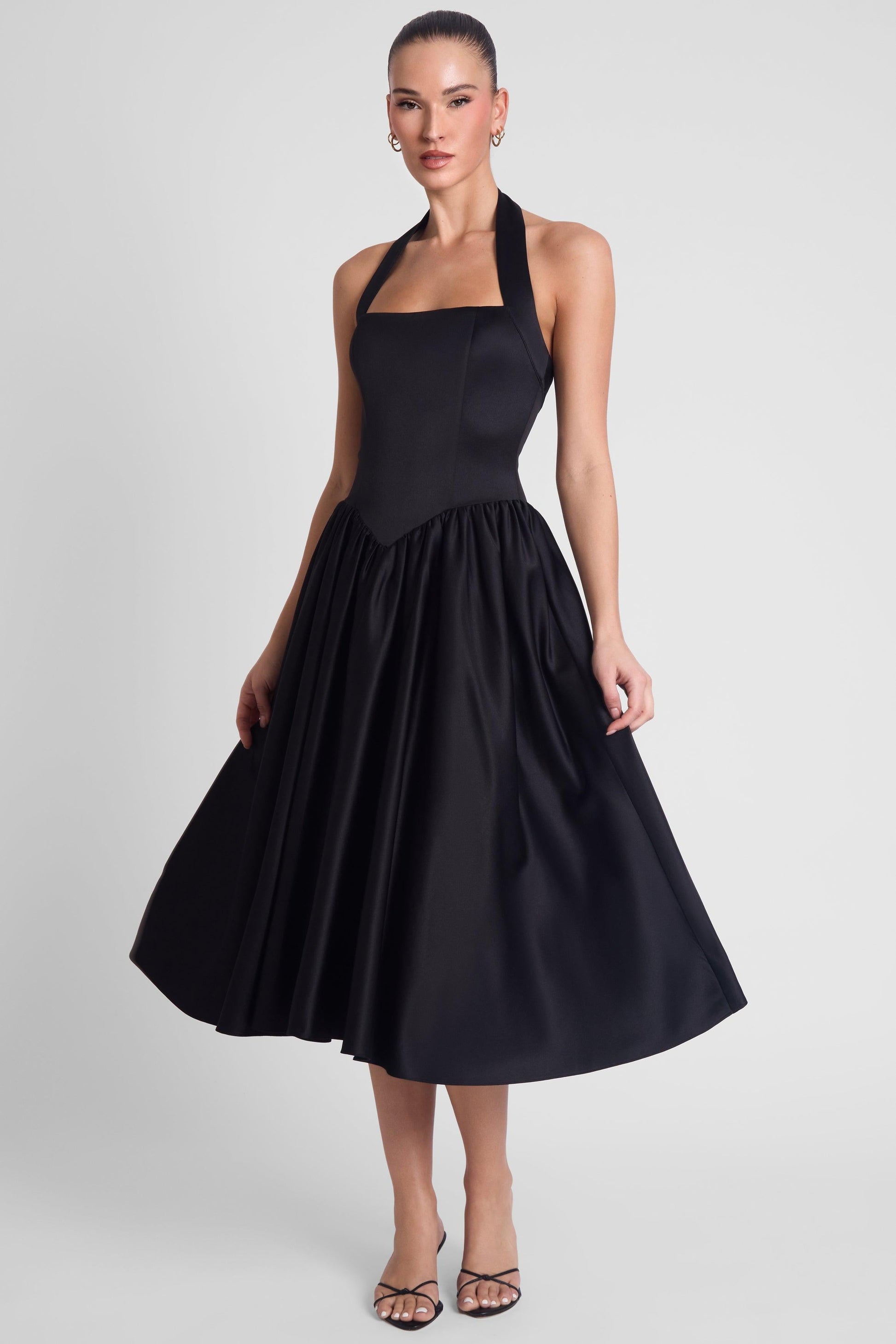 Elegant Collection | Black Midi Dress with Halter Corset Design | Flared Hemline for Timeless Elegance 3