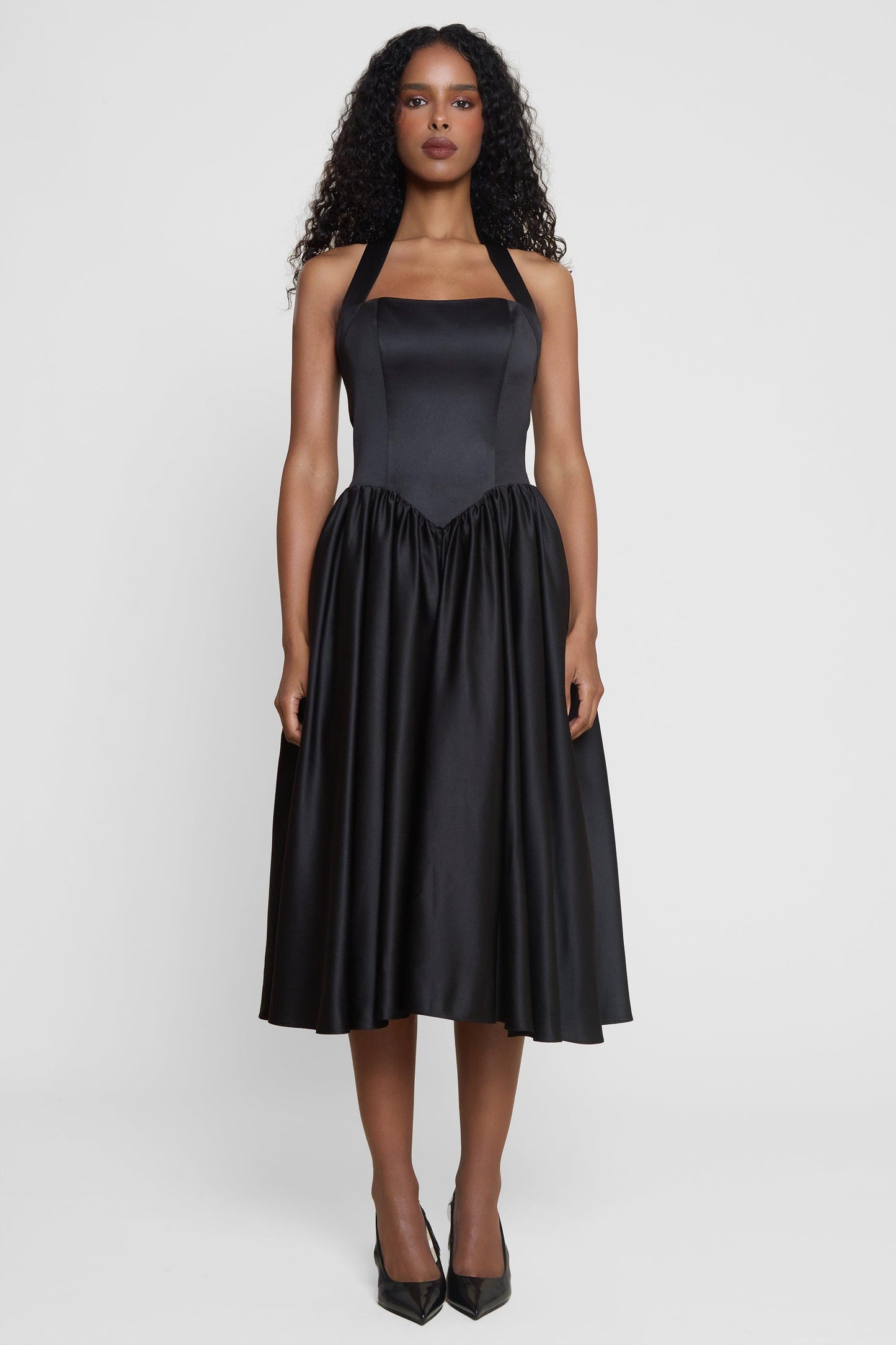 Elegant Collection | Black Midi Dress with Halter Corset Design | Flared Hemline for Timeless Elegance 5