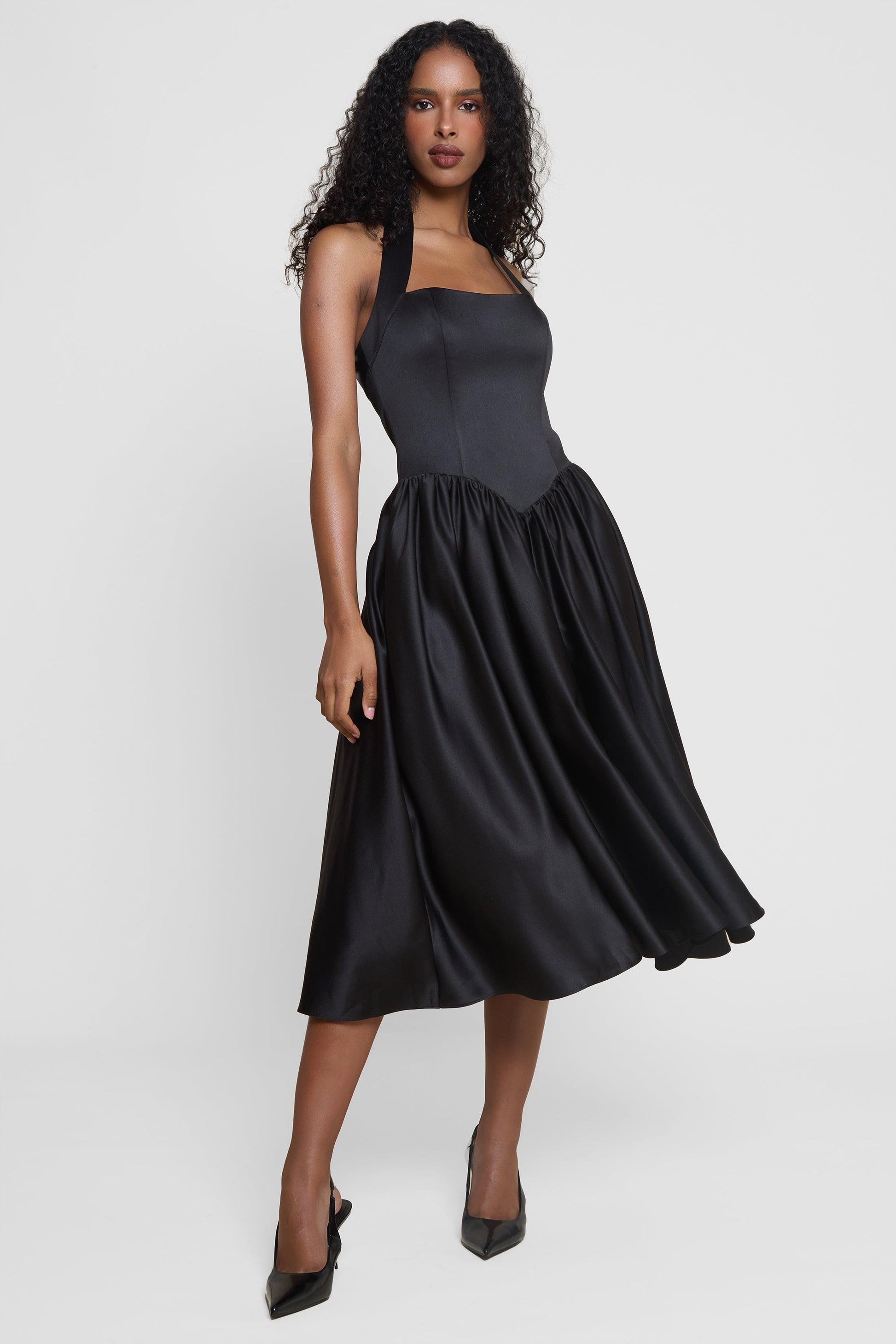 Elegant Collection | Black Midi Dress with Halter Corset Design | Flared Hemline for Timeless Elegance 6