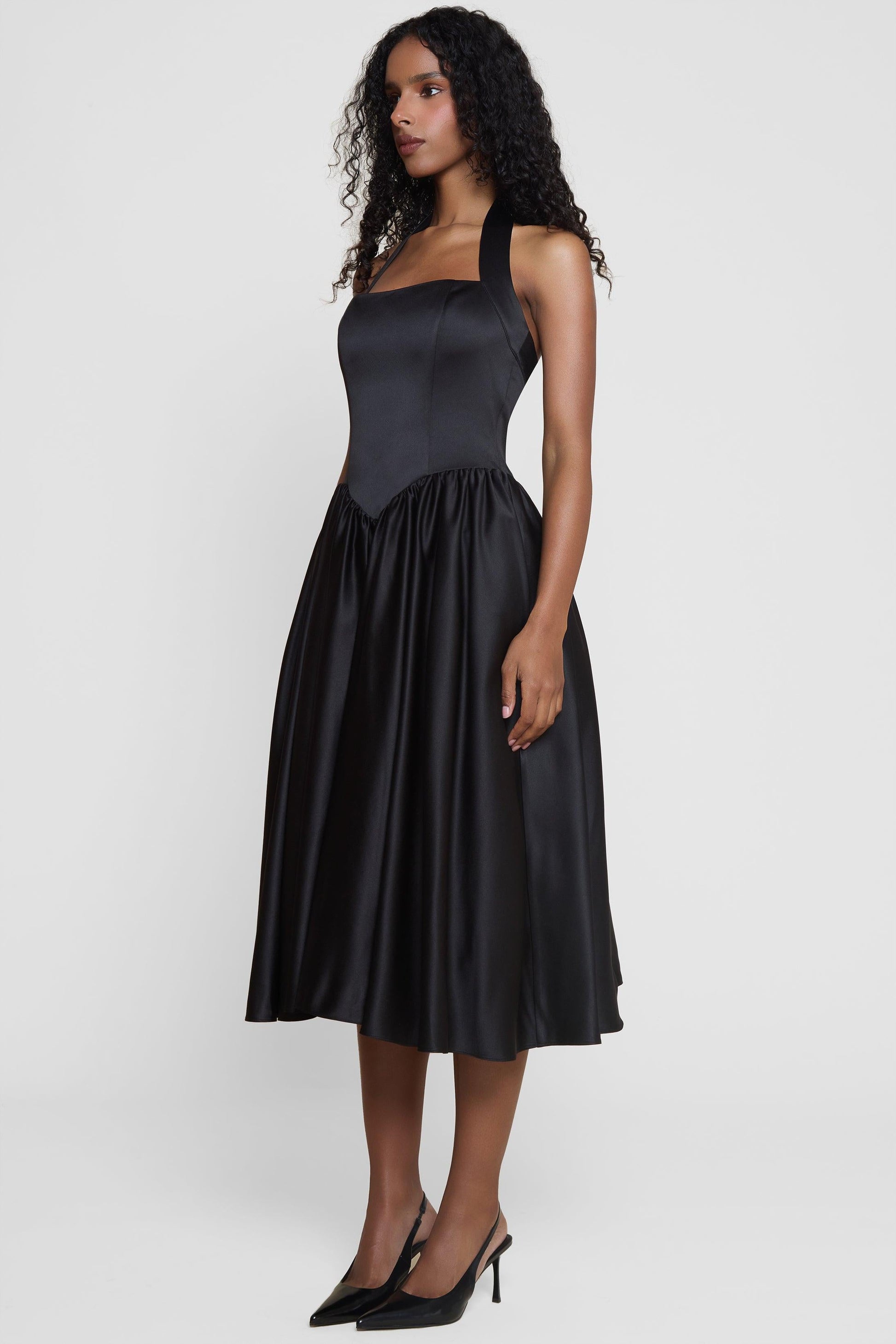 Elegant Collection | Black Midi Dress with Halter Corset Design | Flared Hemline for Timeless Elegance 7