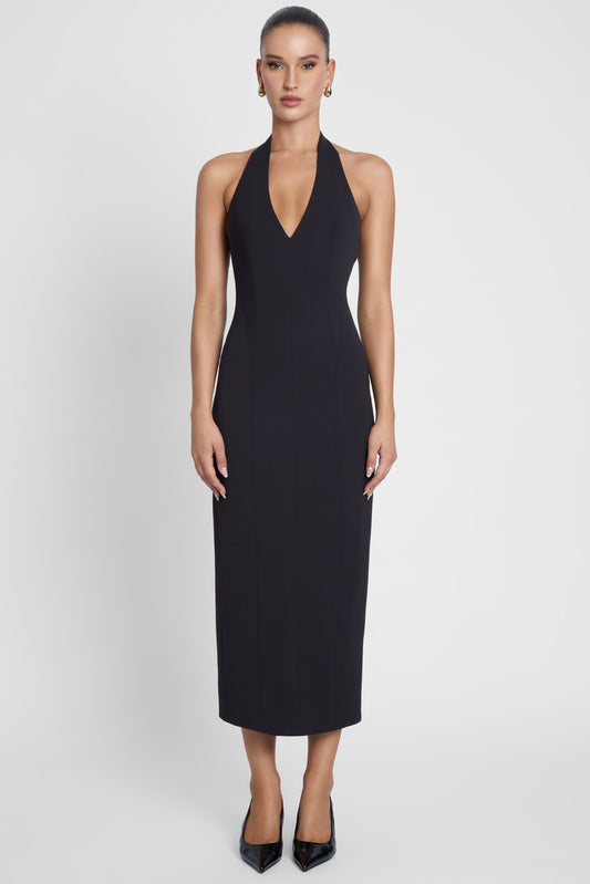 Elegant Collection | Black Midi Dress with Halter Neck & Sculpted Waistline | Versatile Essential for Any Occasion 0
