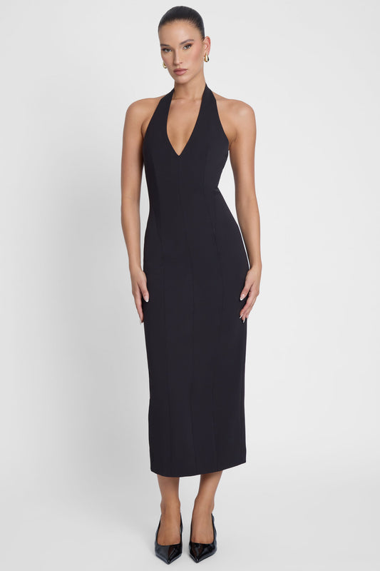 Elegant Collection | Black Midi Dress with Halter Neck & Sculpted Waistline | Versatile Essential for Any Occasion 1