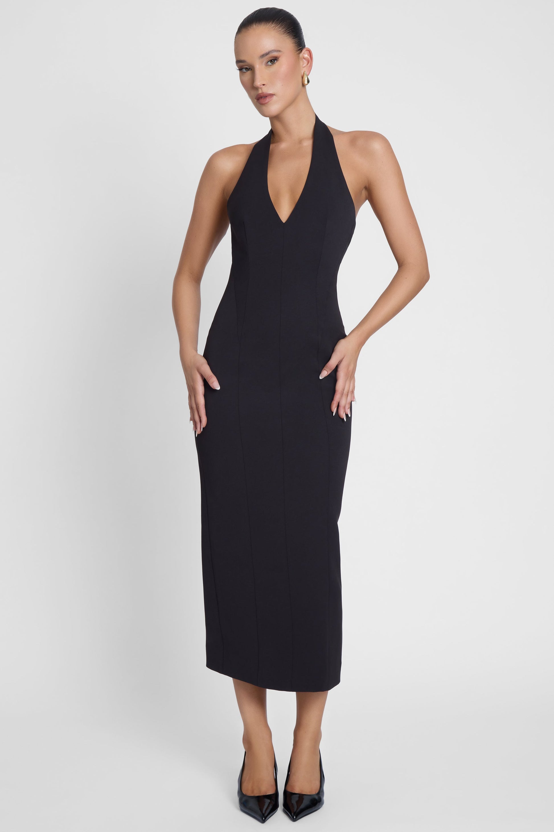 Elegant Collection | Black Midi Dress with Halter Neck & Sculpted Waistline | Versatile Essential for Any Occasion 4