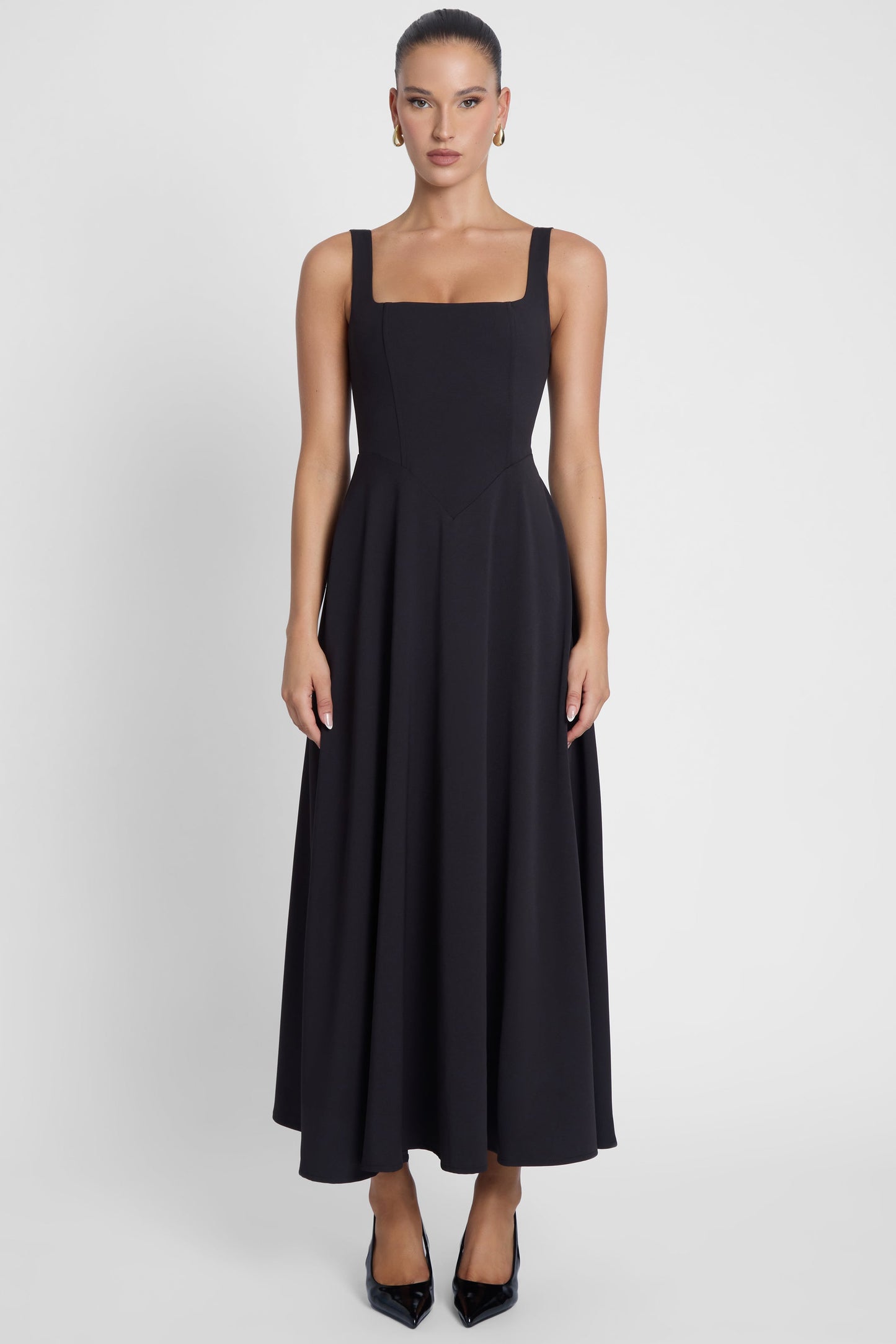 Elegant Collection | Black Midi Dress with Square Neckline & Structured Waist | Versatile Evening Wear for Sophisticated Style 0