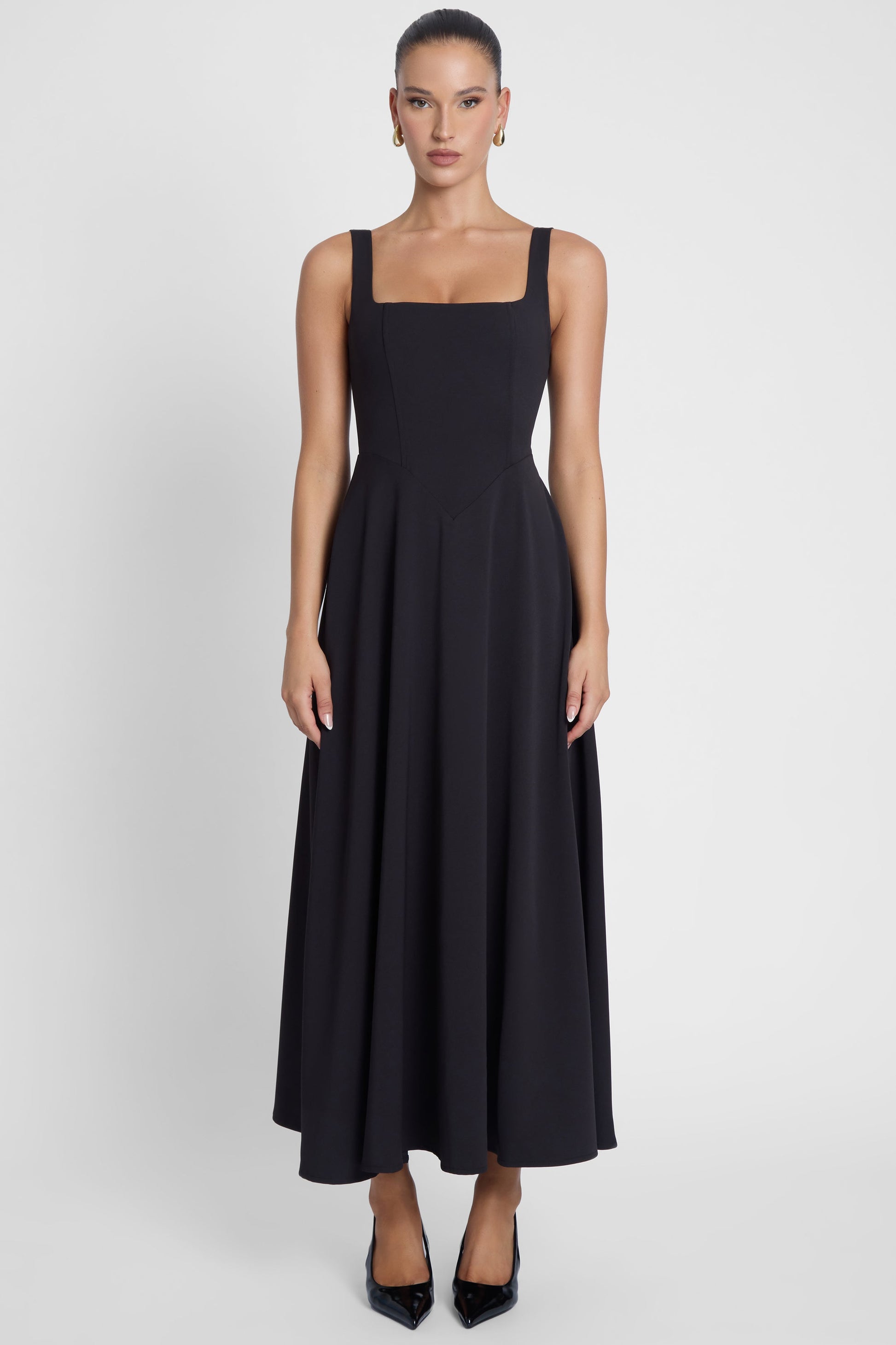 Elegant Collection | Black Midi Dress with Square Neckline & Structured Waist | Versatile Evening Wear for Sophisticated Style 0