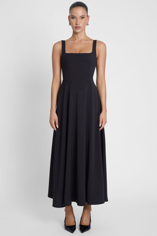 Elegant Collection | Black Midi Dress with Square Neckline & Structured Waist | Versatile Evening Wear for Sophisticated Style 0
