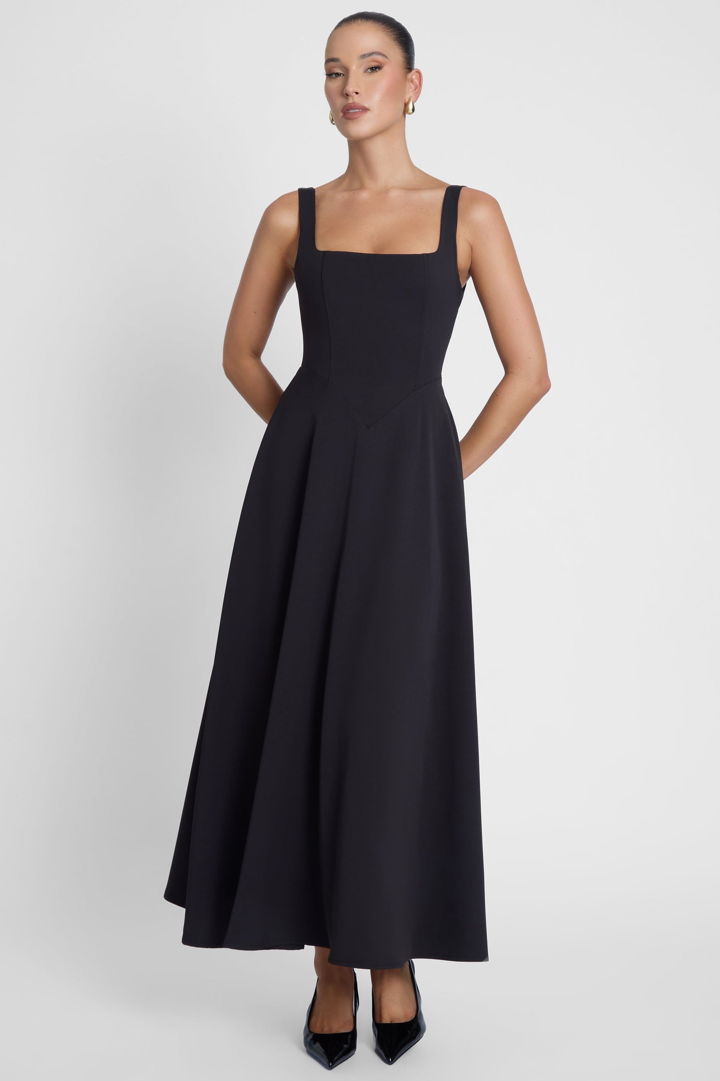 Elegant Collection | Black Midi Dress with Square Neckline & Structured Waist | Versatile Evening Wear for Sophisticated Style 1