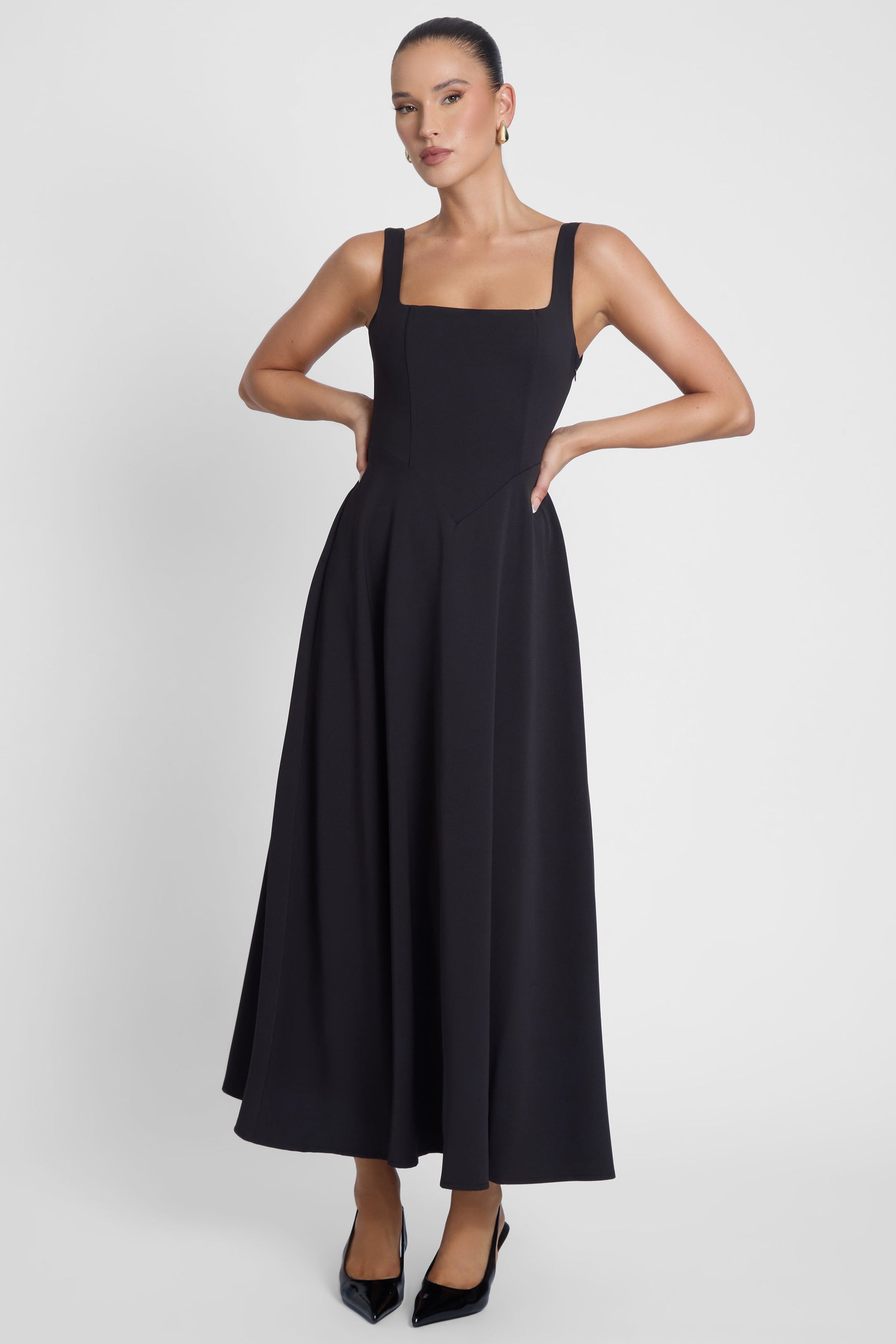Elegant Collection | Black Midi Dress with Square Neckline & Structured Waist | Versatile Evening Wear for Sophisticated Style 3