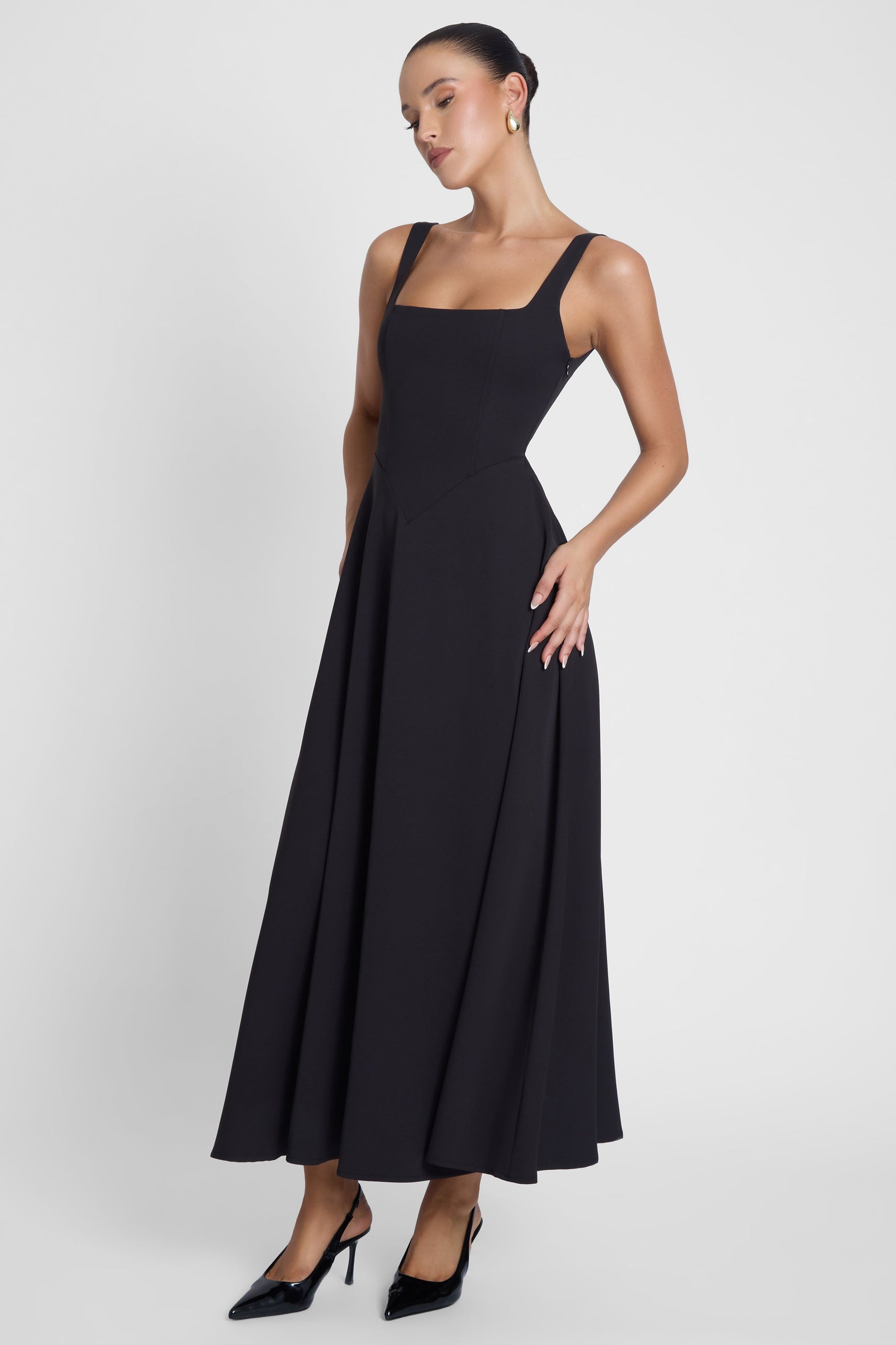 Elegant Collection | Black Midi Dress with Square Neckline & Structured Waist | Versatile Evening Wear for Sophisticated Style 4