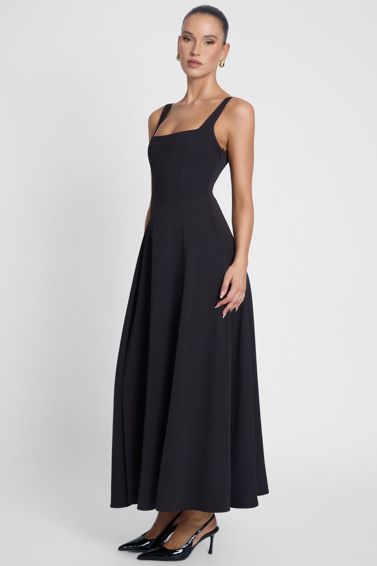 Elegant Collection | Black Midi Dress with Square Neckline & Structured Waist | Versatile Evening Wear for Sophisticated Style 5