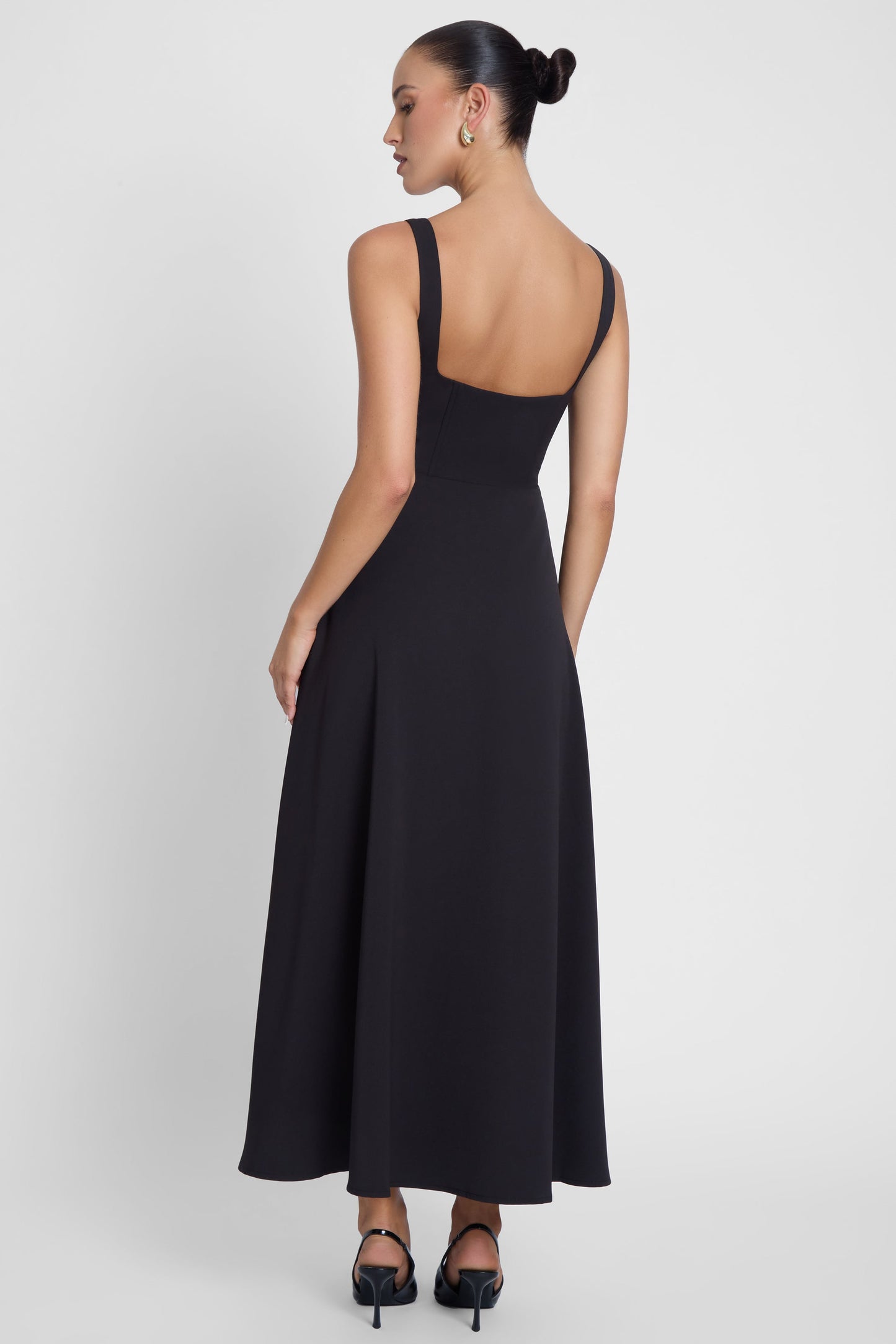 Elegant Collection | Black Midi Dress with Square Neckline & Structured Waist | Versatile Evening Wear for Sophisticated Style 6