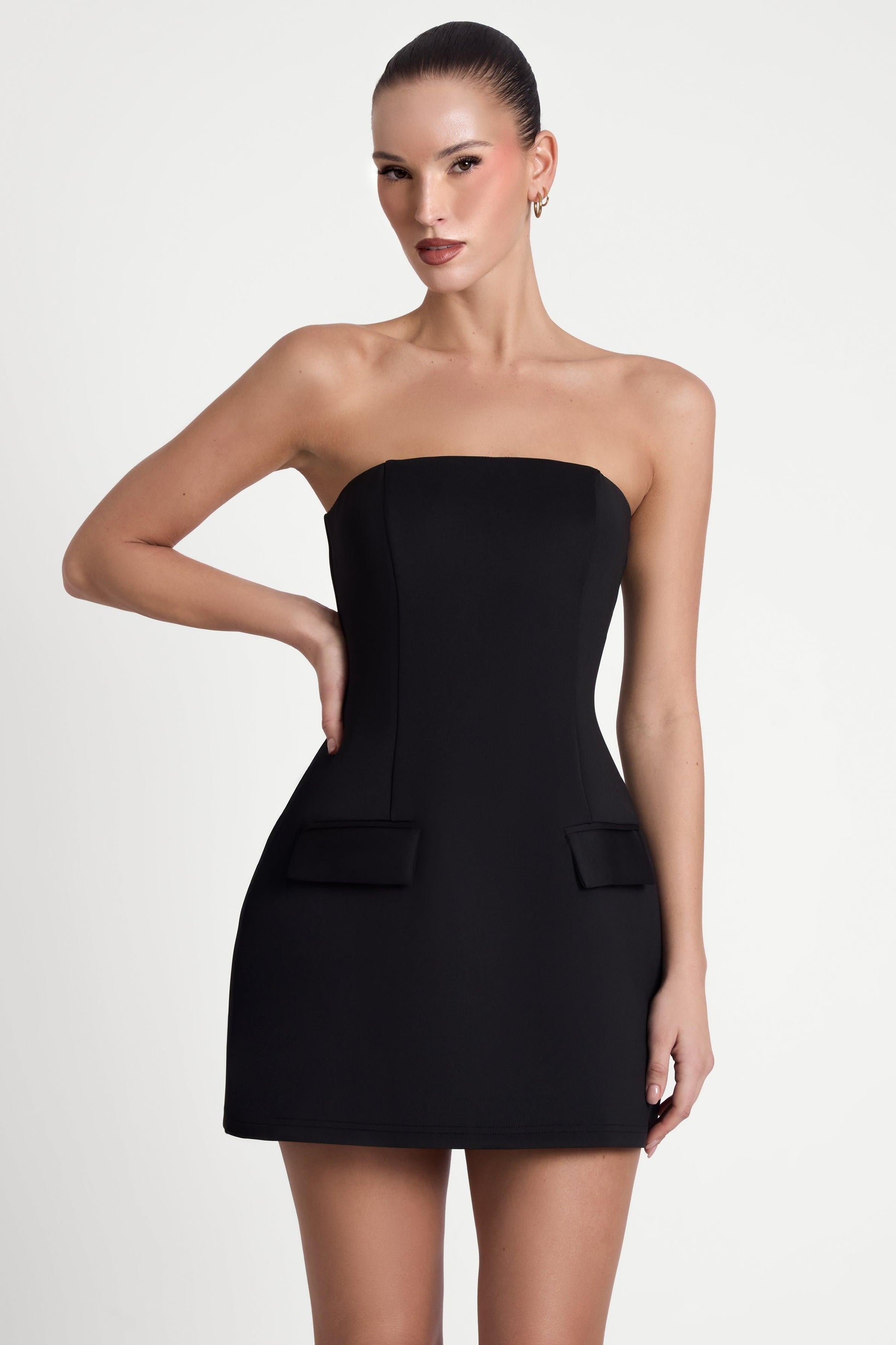 Elegant Collection | Black Mini Dress with Strapless Design & Faux Pockets | Timeless Wardrobe Essential 2